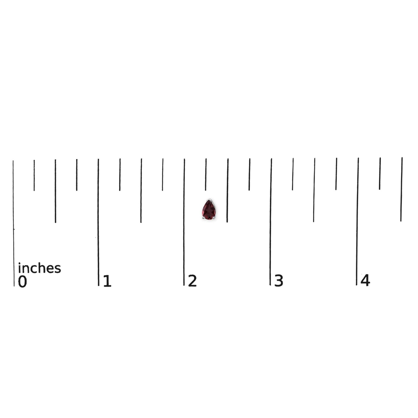 White metal pear-shaped red gemstone earring shown on a ruler scale, front-facing angle.