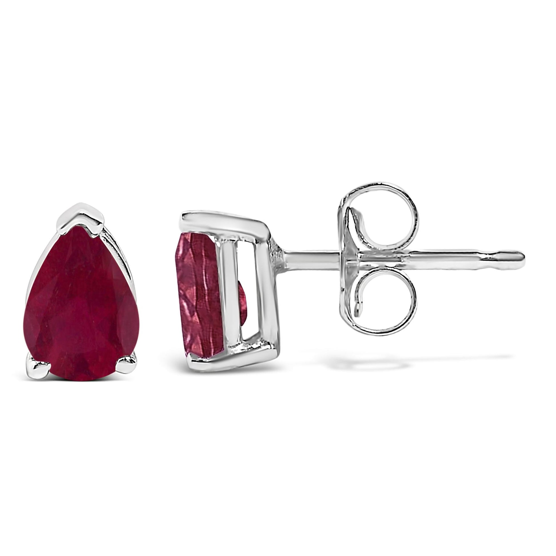 Pair of white metal stud earrings with pear-shaped red gemstones in a 3-prong setting, shown from front and side angles on a white background.