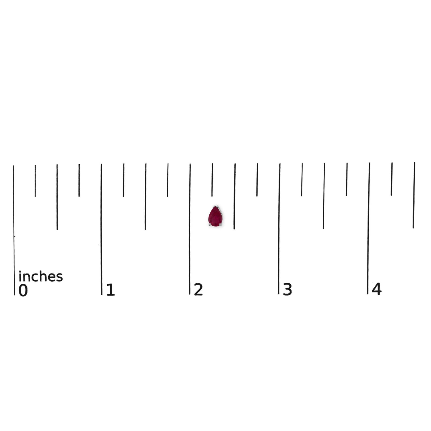 White metal earring with a pear-shaped red gemstone in a 3-prong setting shown on a scale with inch markings, front angle.