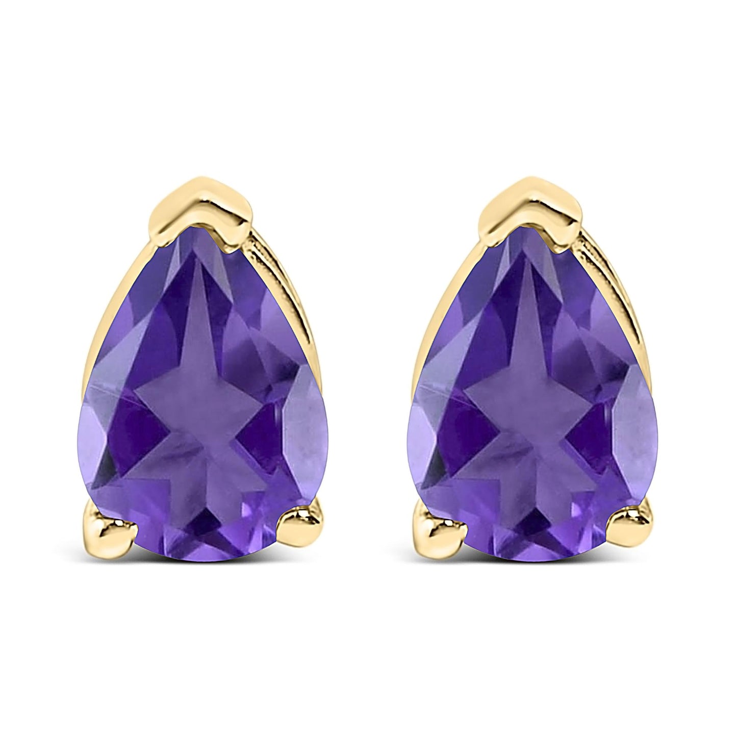Pair of yellow metal stud earrings with pear-shaped purple gemstones, shown in a front-facing close-up.