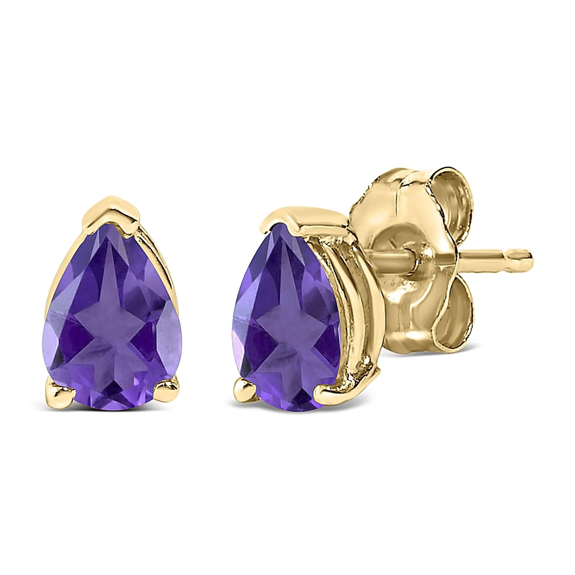 Close-up front and side angle of yellow metal stud earrings with pear-shaped purple gemstones in three-prong settings.