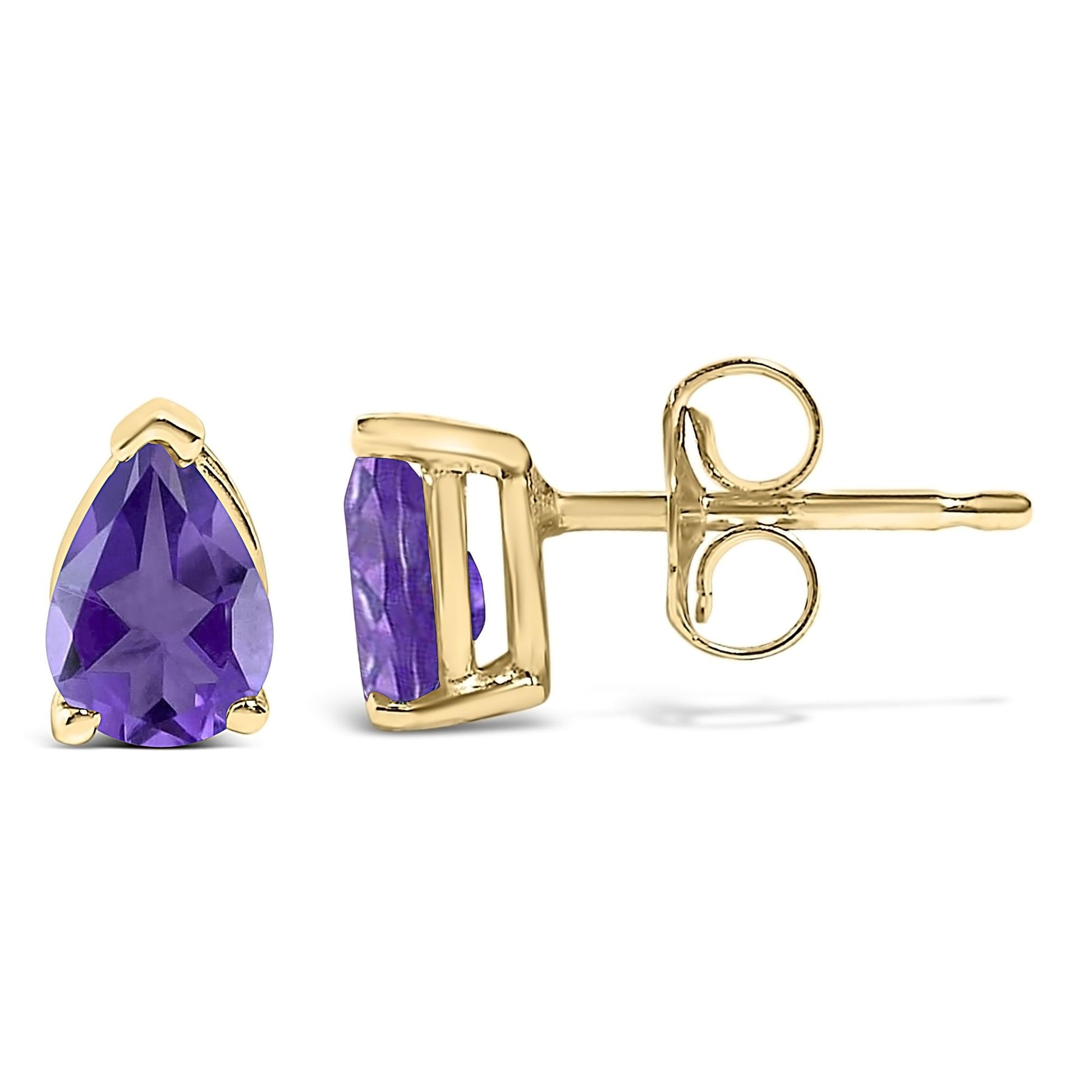 Close-up side-by-side front and side view of a yellow metal stud earring featuring a pear-shaped purple gemstone set with three prongs, isolated on white background.