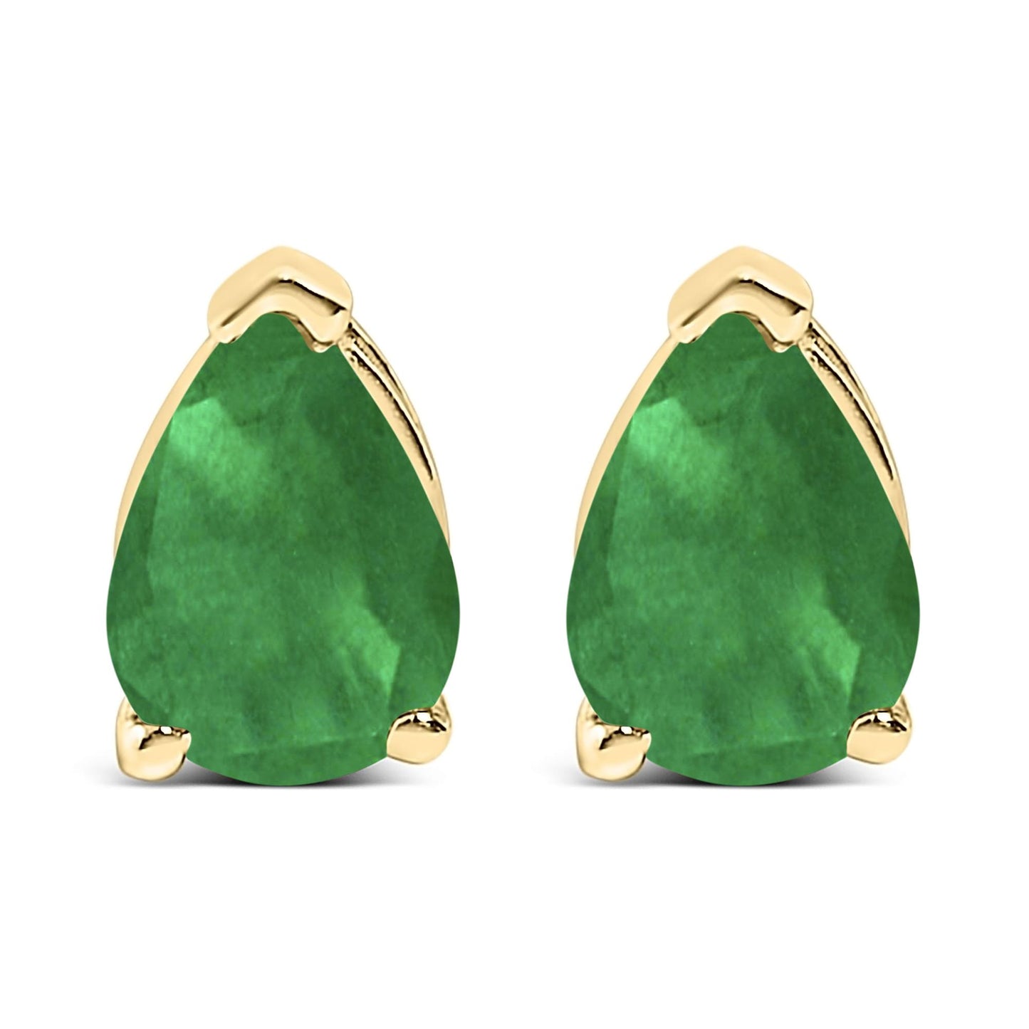 Front view of a pair of yellow metal earrings featuring pear-shaped green gemstones in a three-prong setting.
