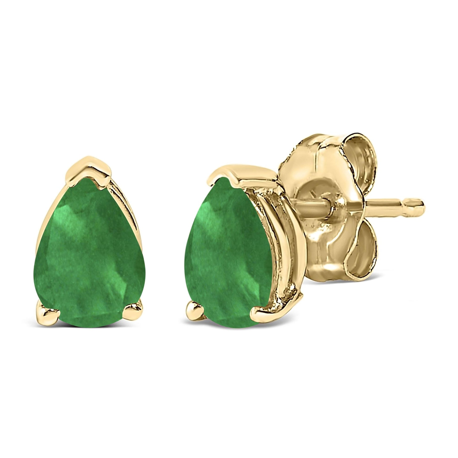 Front and side angle close-up of yellow metal stud earrings with pear-shaped green gemstones in three-prong settings.