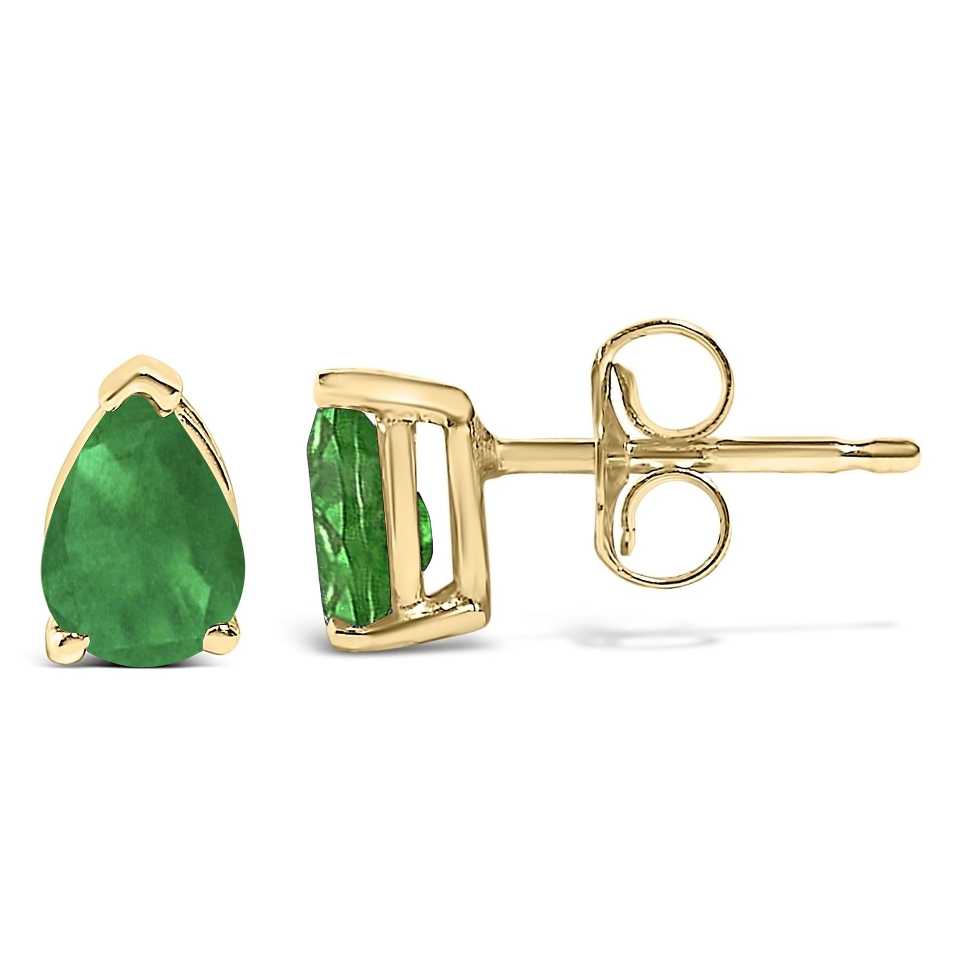 Pair of yellow metal stud earrings with pear-shaped green gemstones in 3-prong settings, shown from front and side angles on a white background.