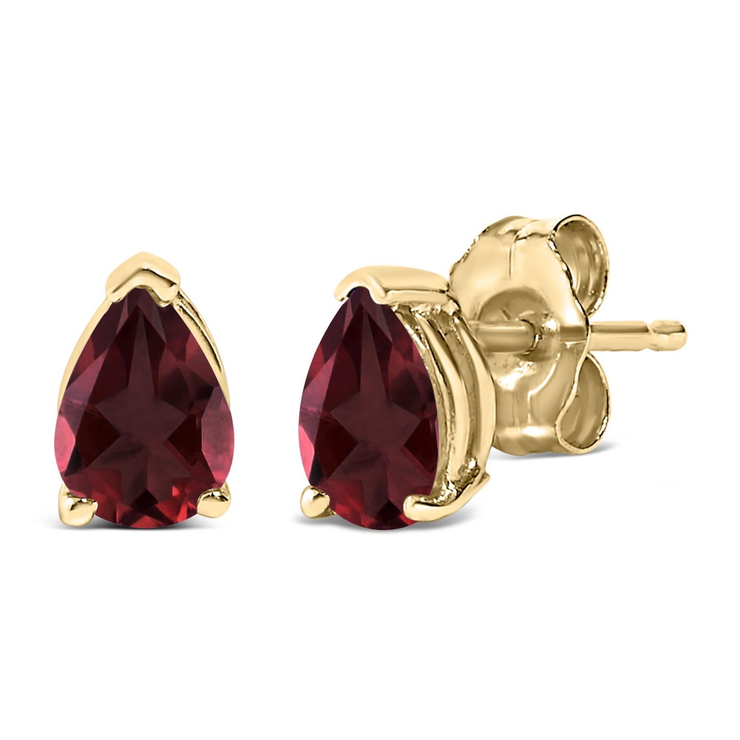 Close-up front and side angle of pear-shaped red gemstone stud earrings with yellow metal setting and post backs.