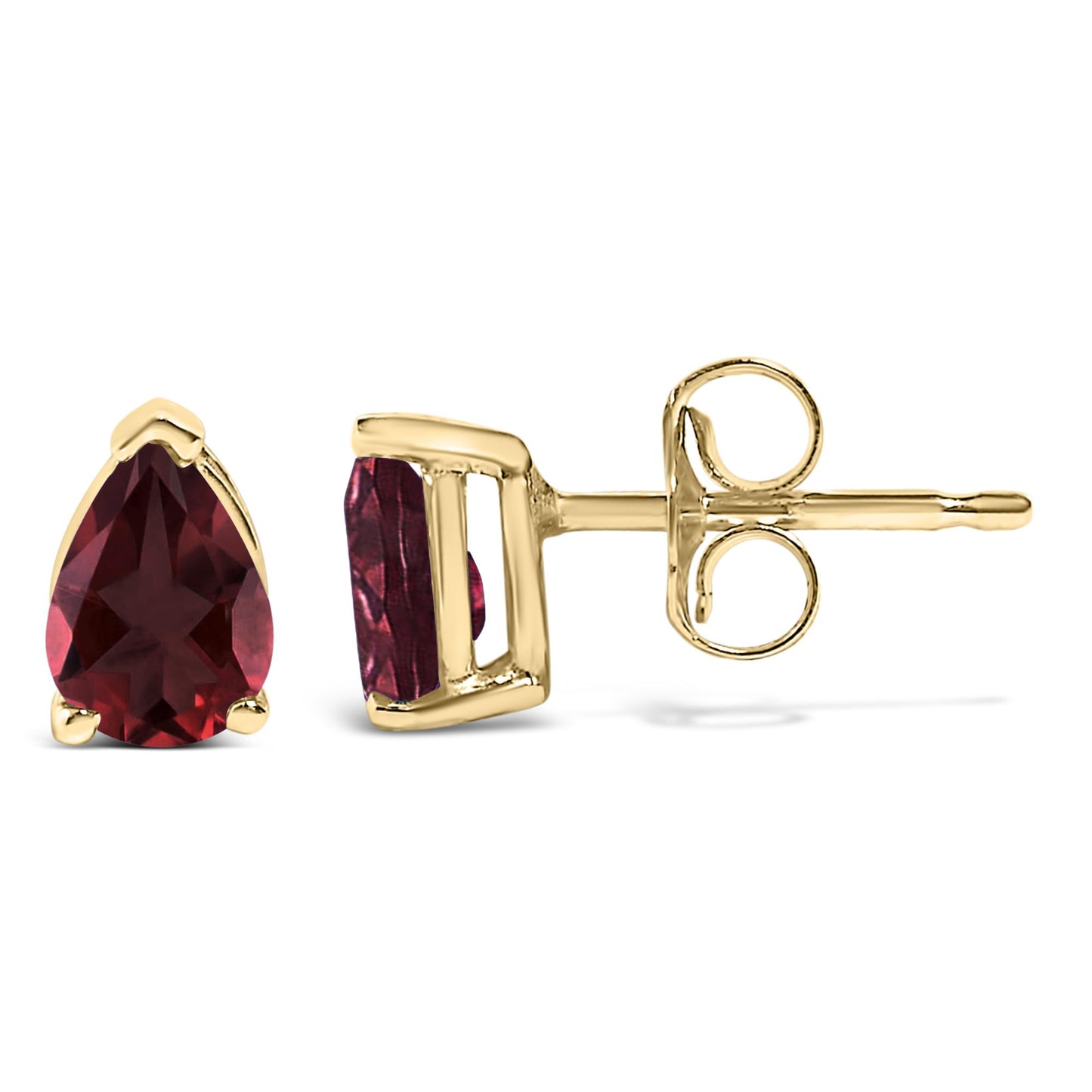 Close-up front and side views of yellow metal stud earrings with pear-shaped red gemstones in 3-prong settings on a white background.