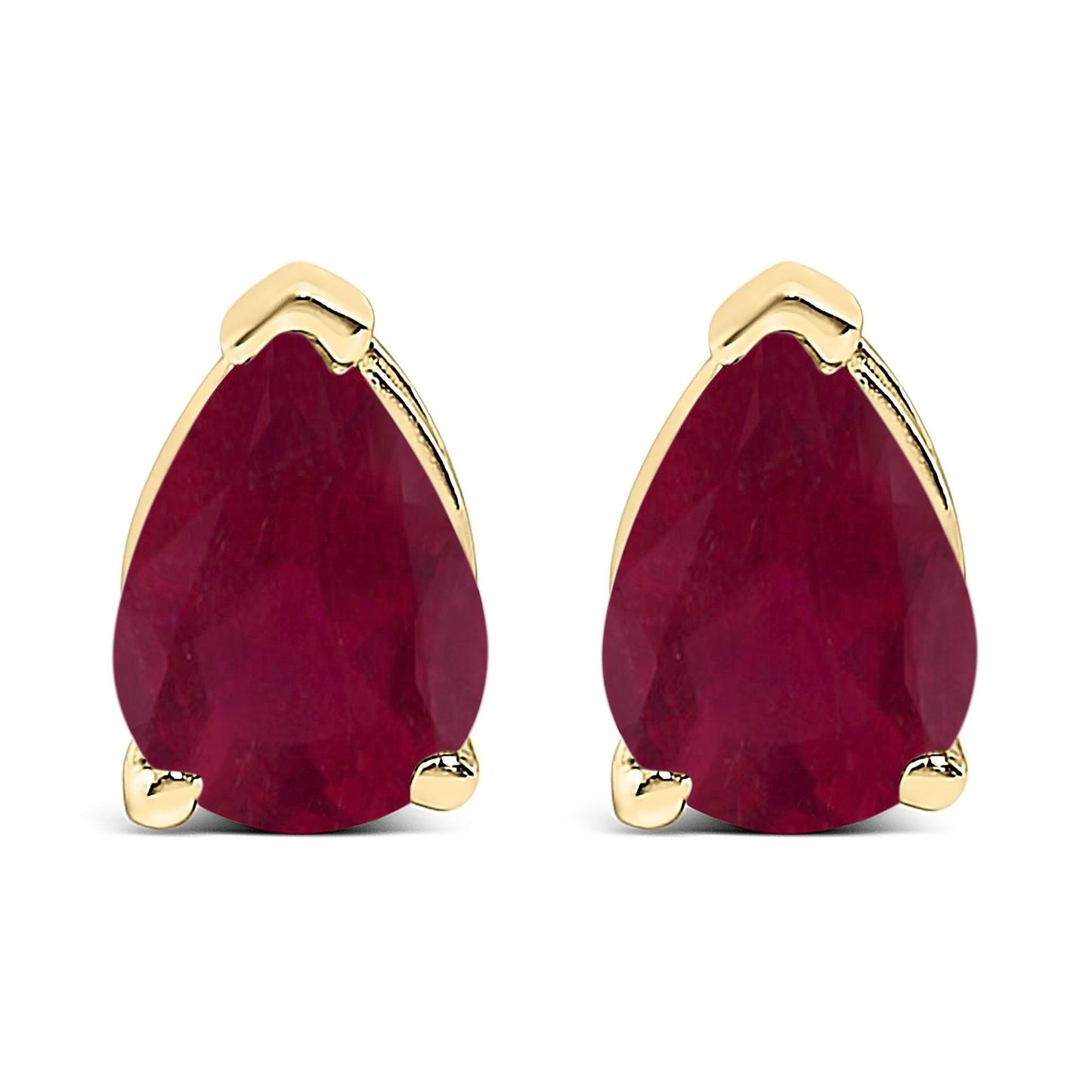 Front view of yellow metal earrings featuring pear-shaped red gemstones in three-prong settings.