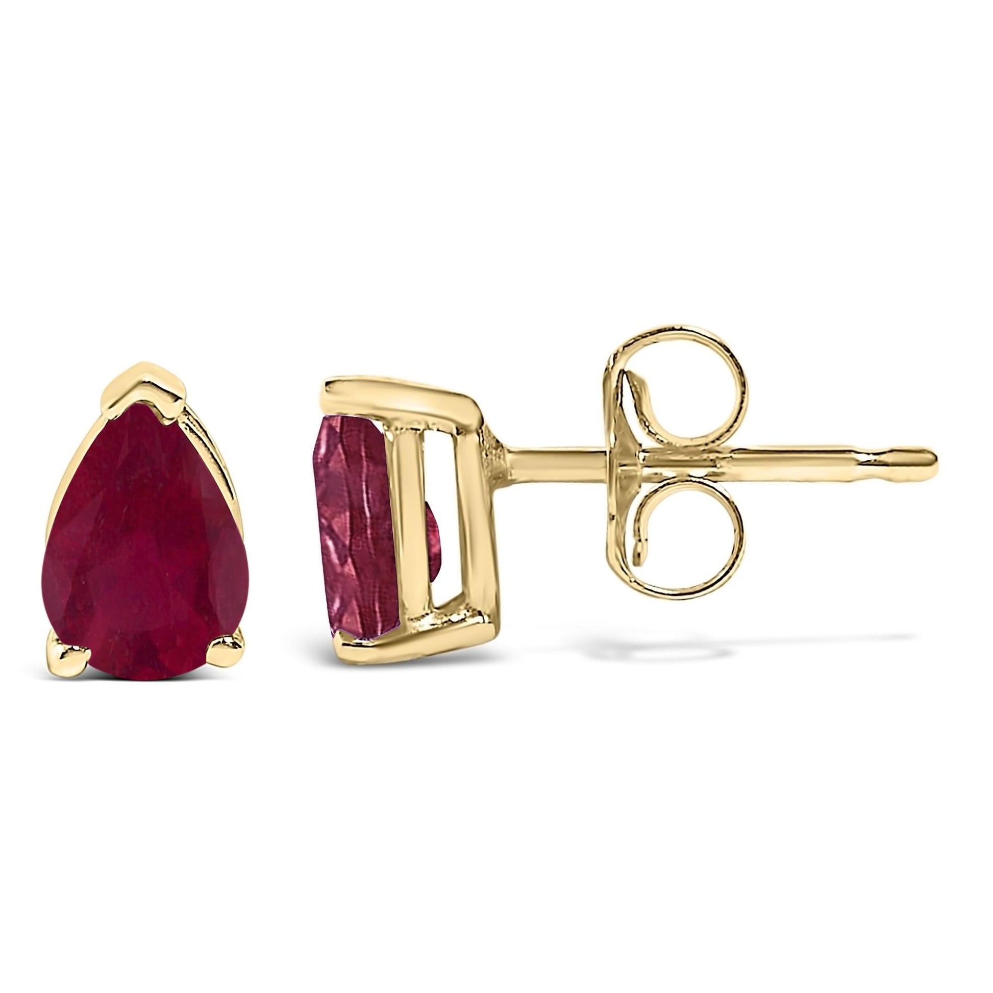 Pair of yellow metal stud earrings with pear-shaped red gemstones in a 3-prong setting, shown from front and side angles on a white background.
