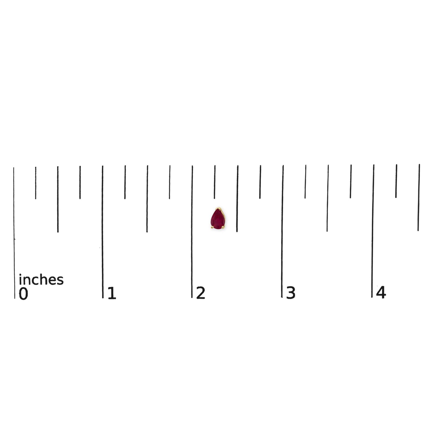 Close-up front view of a single yellow metal earring with a pear-shaped red gemstone set in a three-prong setting, shown on a scale.