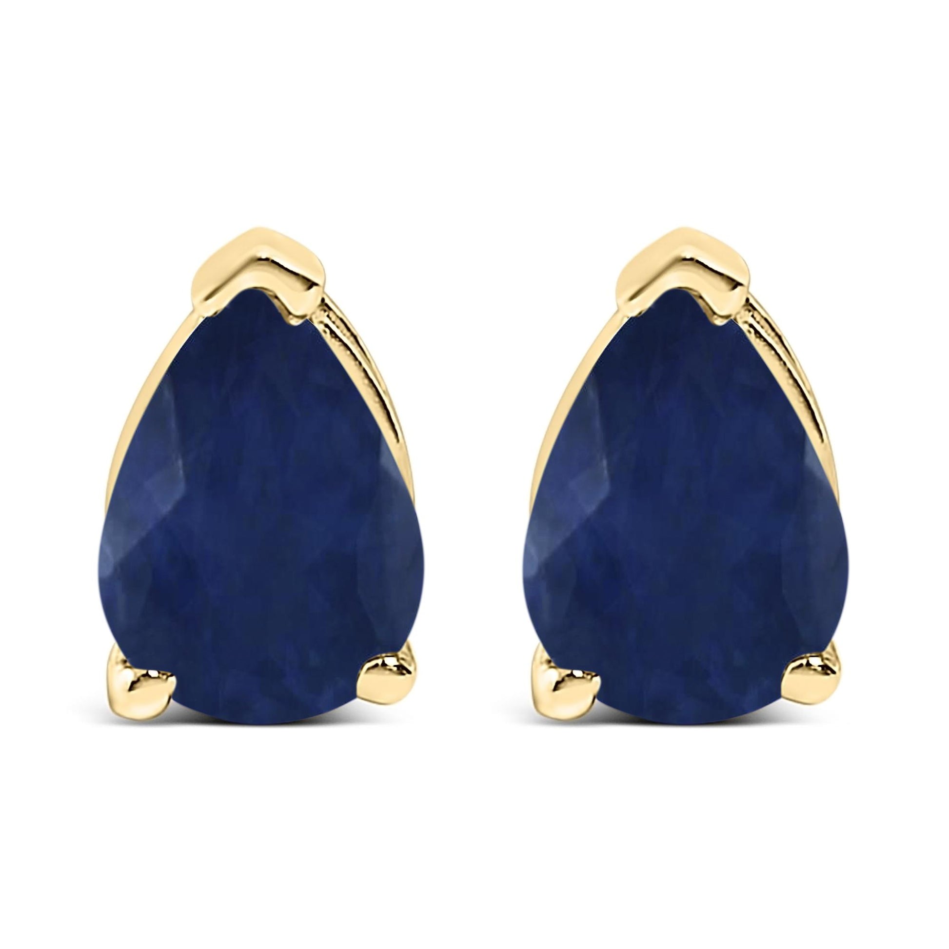 Pair of yellow metal earrings with blue pear-shaped gemstones in a three-prong setting, shown from the front angle on a white background.