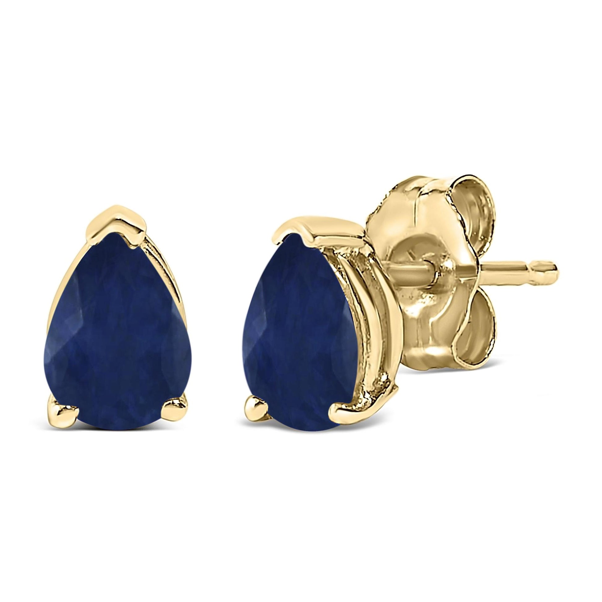 Close-up front and side angle of pear-shaped blue gemstone stud earrings in yellow metal with three-prong settings.