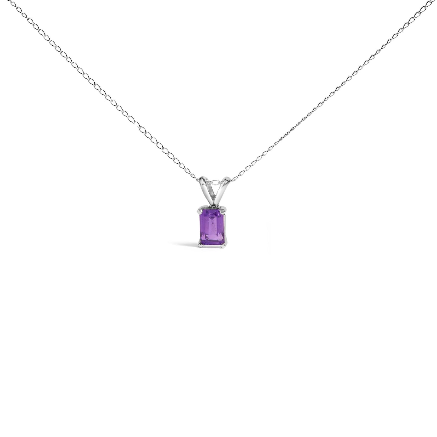 Front view of a white metal necklace with a chain and a rectangular purple gemstone pendant in a four-prong setting.
