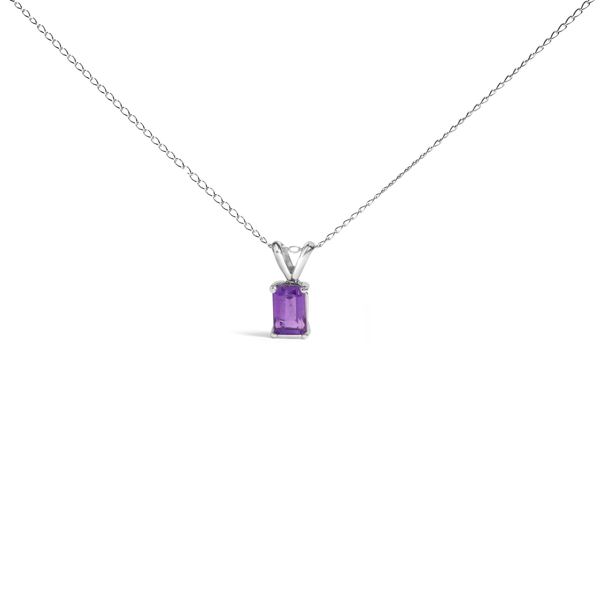 Front view of a white metal necklace with a chain and a rectangular purple gemstone pendant in a four-prong setting.