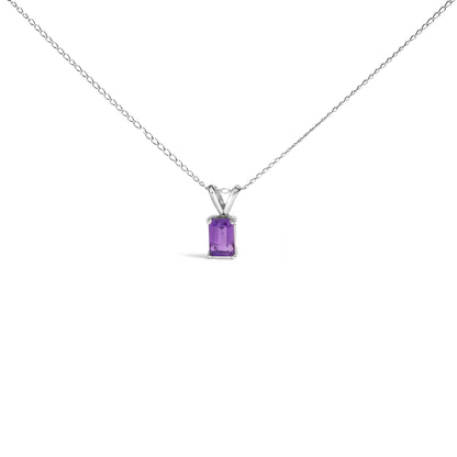 Front view of a white metal necklace with a chain and a rectangular purple gemstone pendant in a four-prong setting.