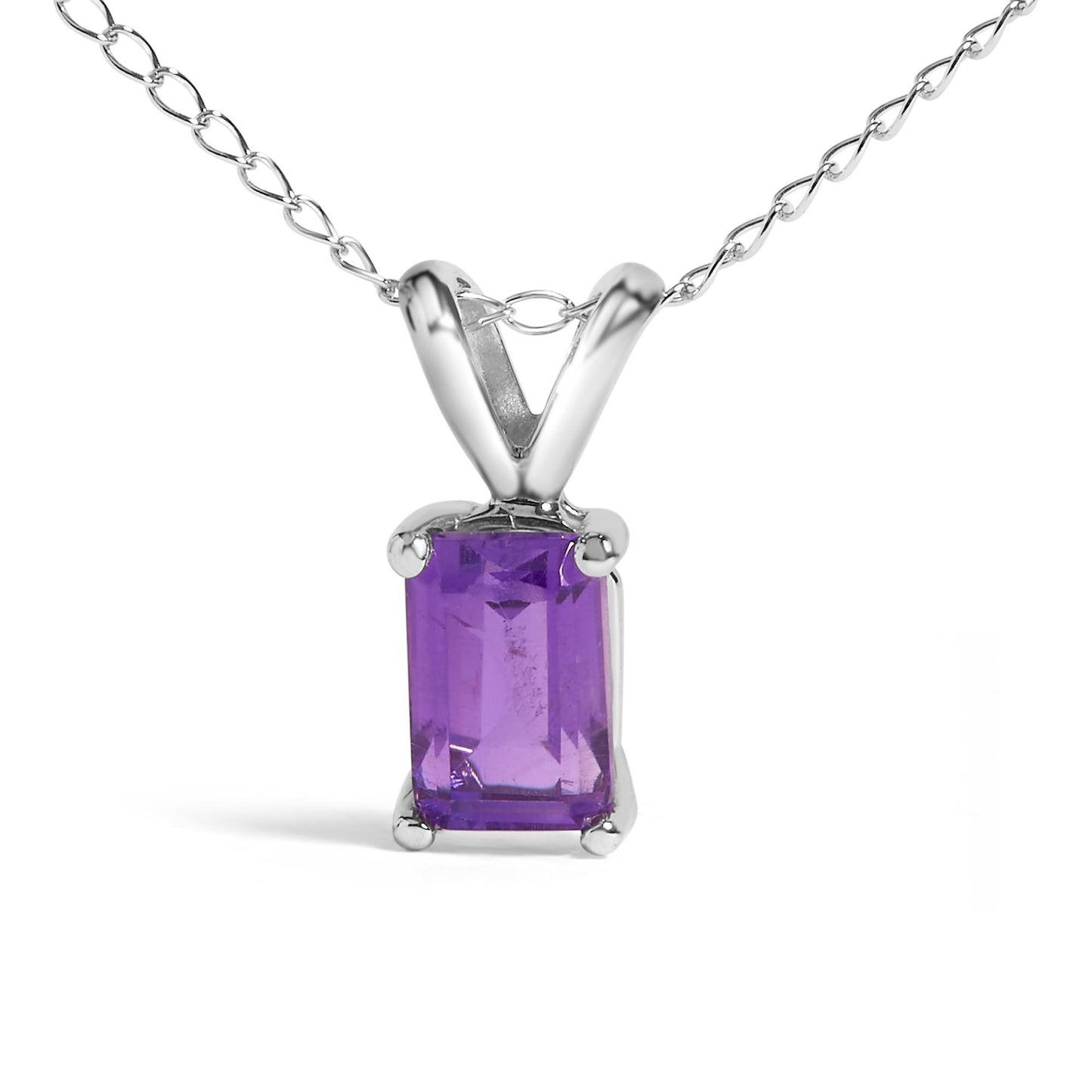 Close-up front view of a white metal necklace with a rectangular purple gemstone in a four-prong setting.