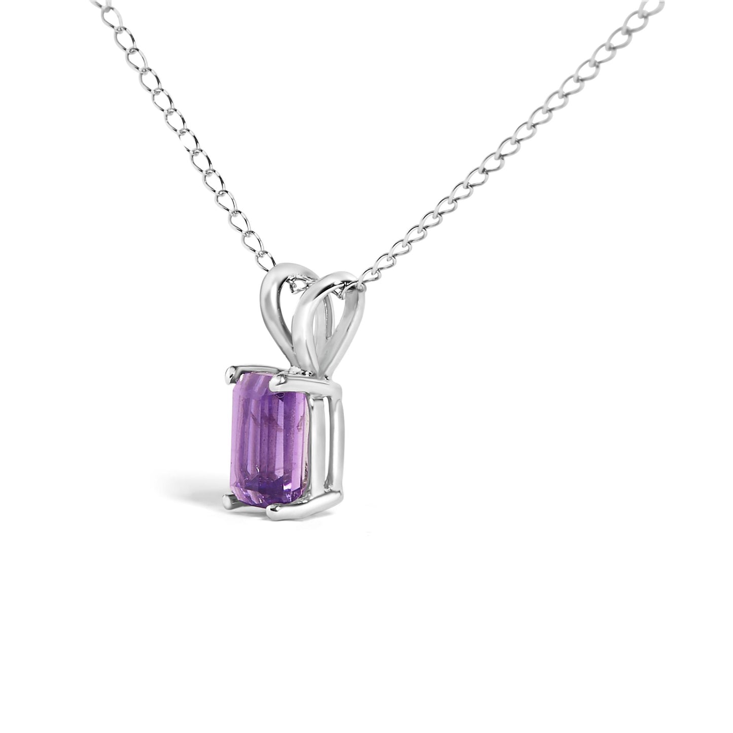 White necklace with a pendant featuring a purple emerald-shaped gemstone in a four-prong setting, shown in a close-up angled shot.