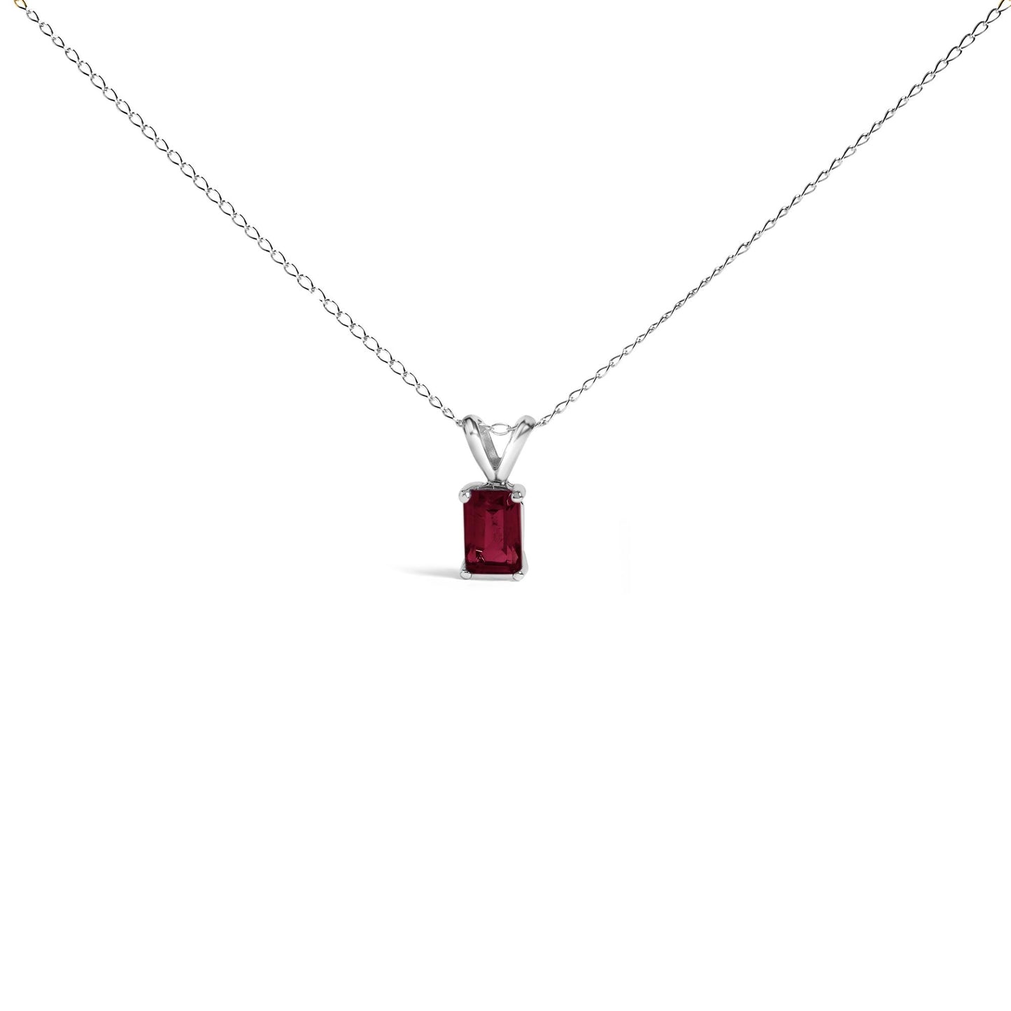 White metal necklace with a rectangular red gemstone pendant in a four-prong setting, shown from the front on a white background.