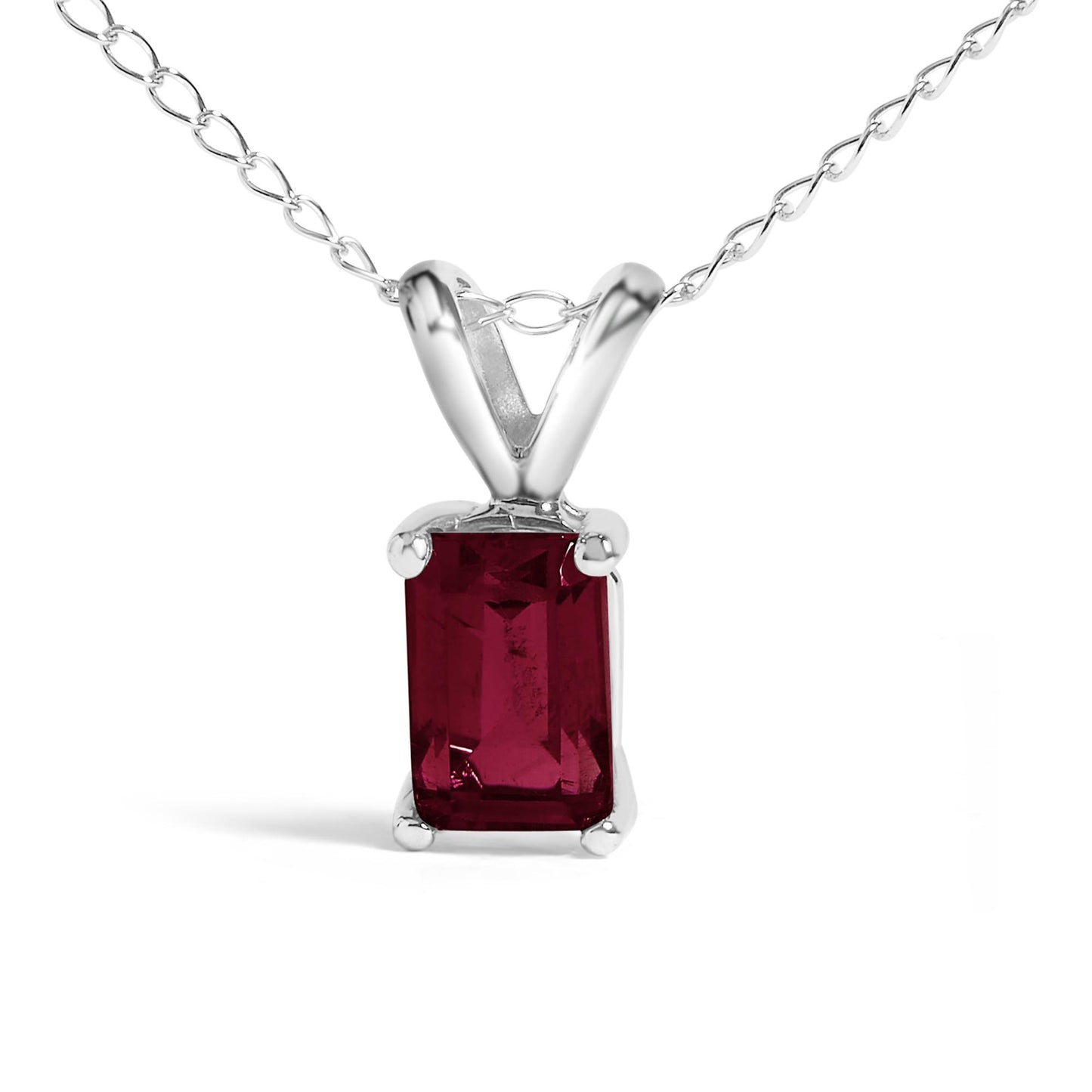 Close-up front angle of a white necklace with a rectangular red gemstone in a 4-prong setting.
