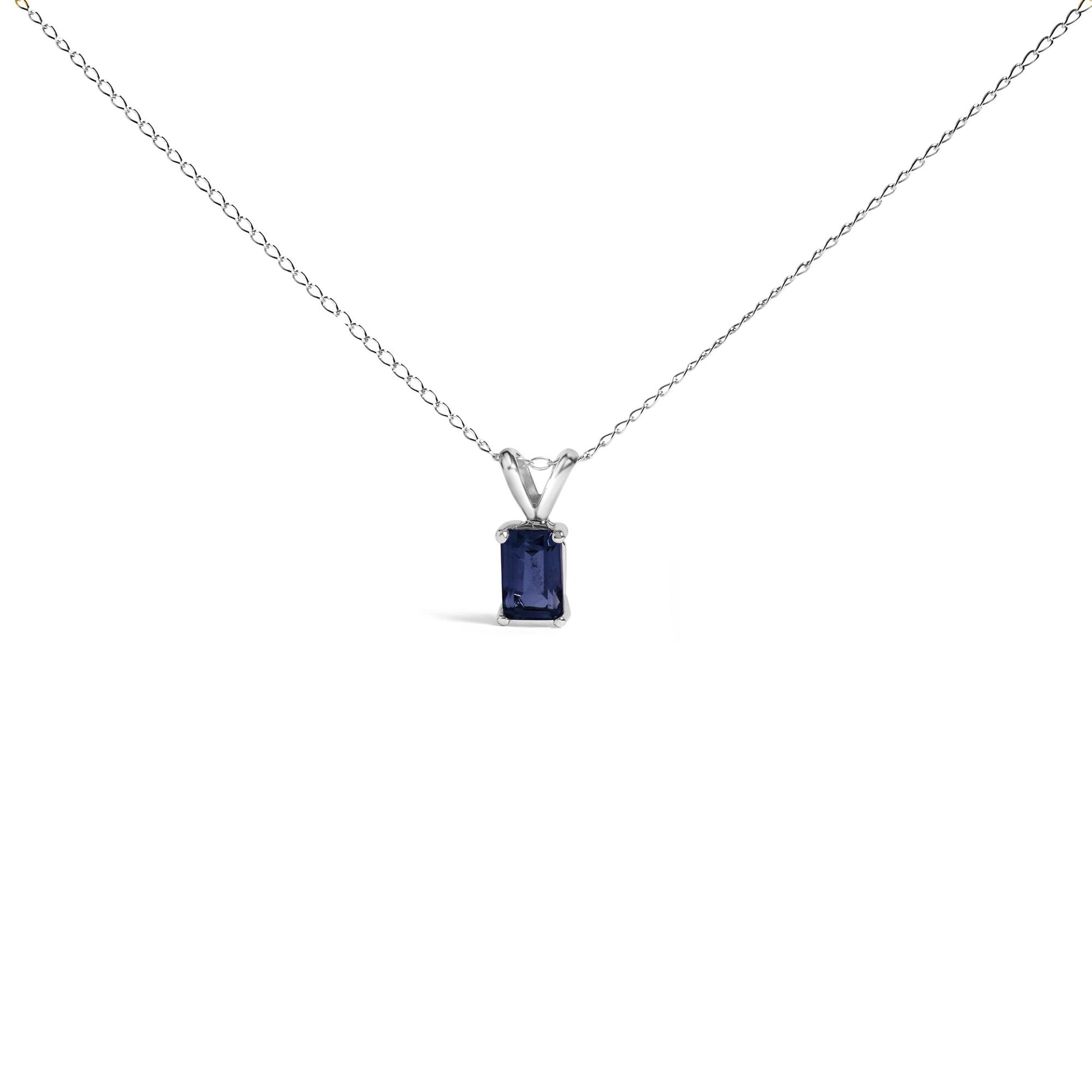 White metal necklace with a rectangular blue gemstone in a 4-prong setting, shown from the front against a white background.