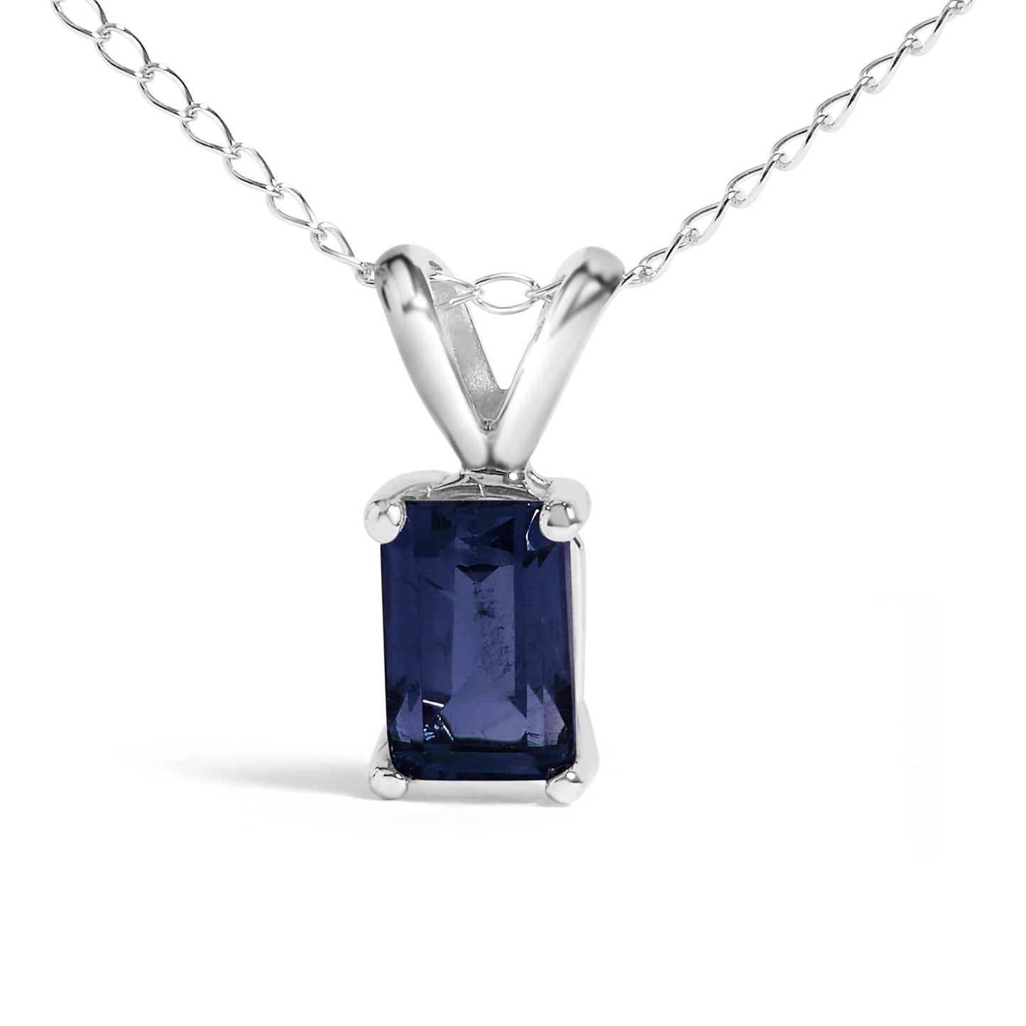 Close-up front view of a white necklace featuring a rectangular blue gemstone in a four-prong setting.