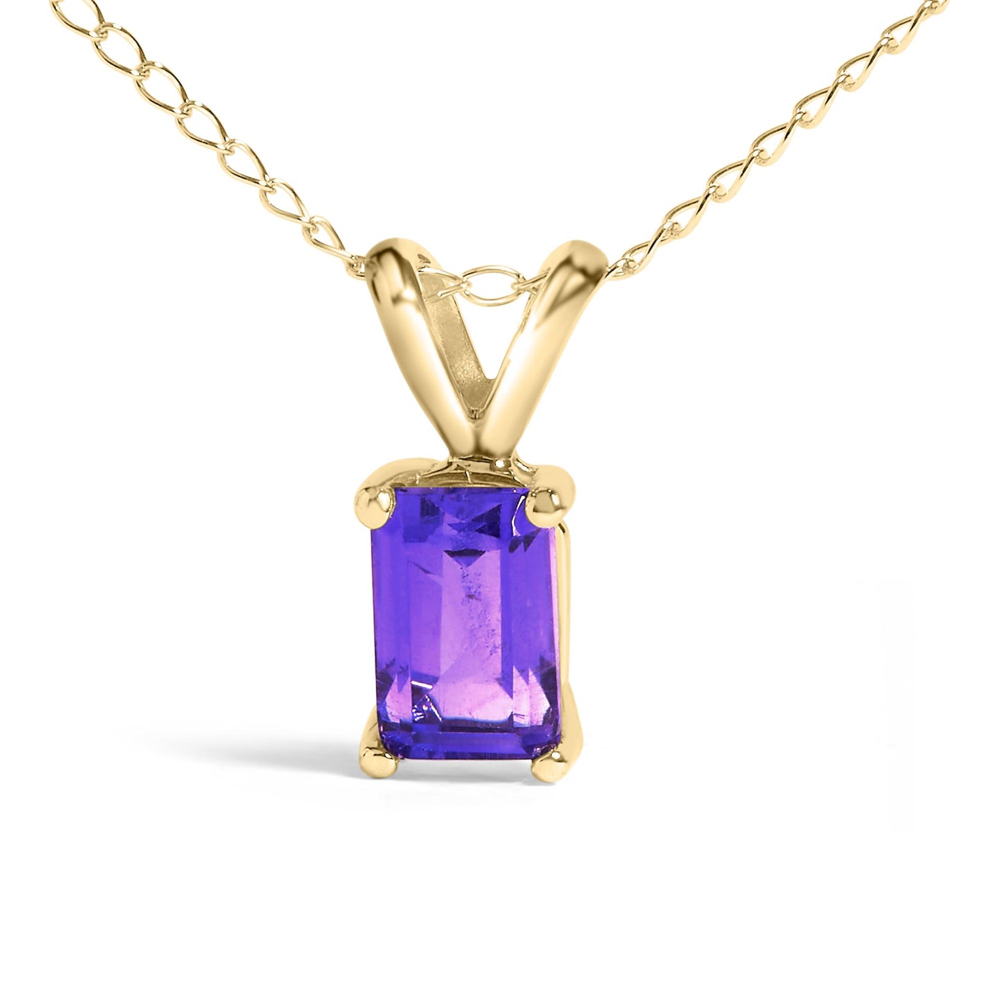 Close-up front view of a yellow metal necklace with a rectangular purple gemstone in a four-prong setting.