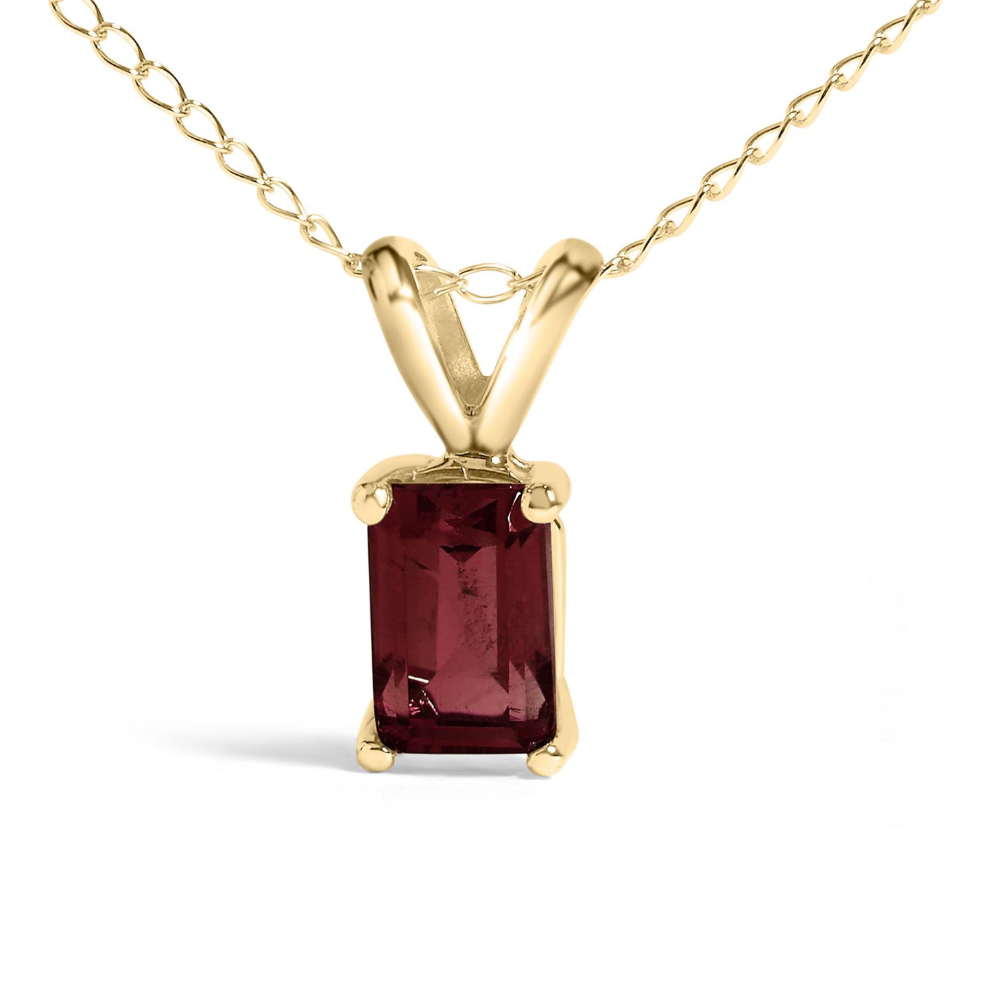 Close-up front view of a yellow necklace with a rectangular red gemstone pendant in a four-prong setting.