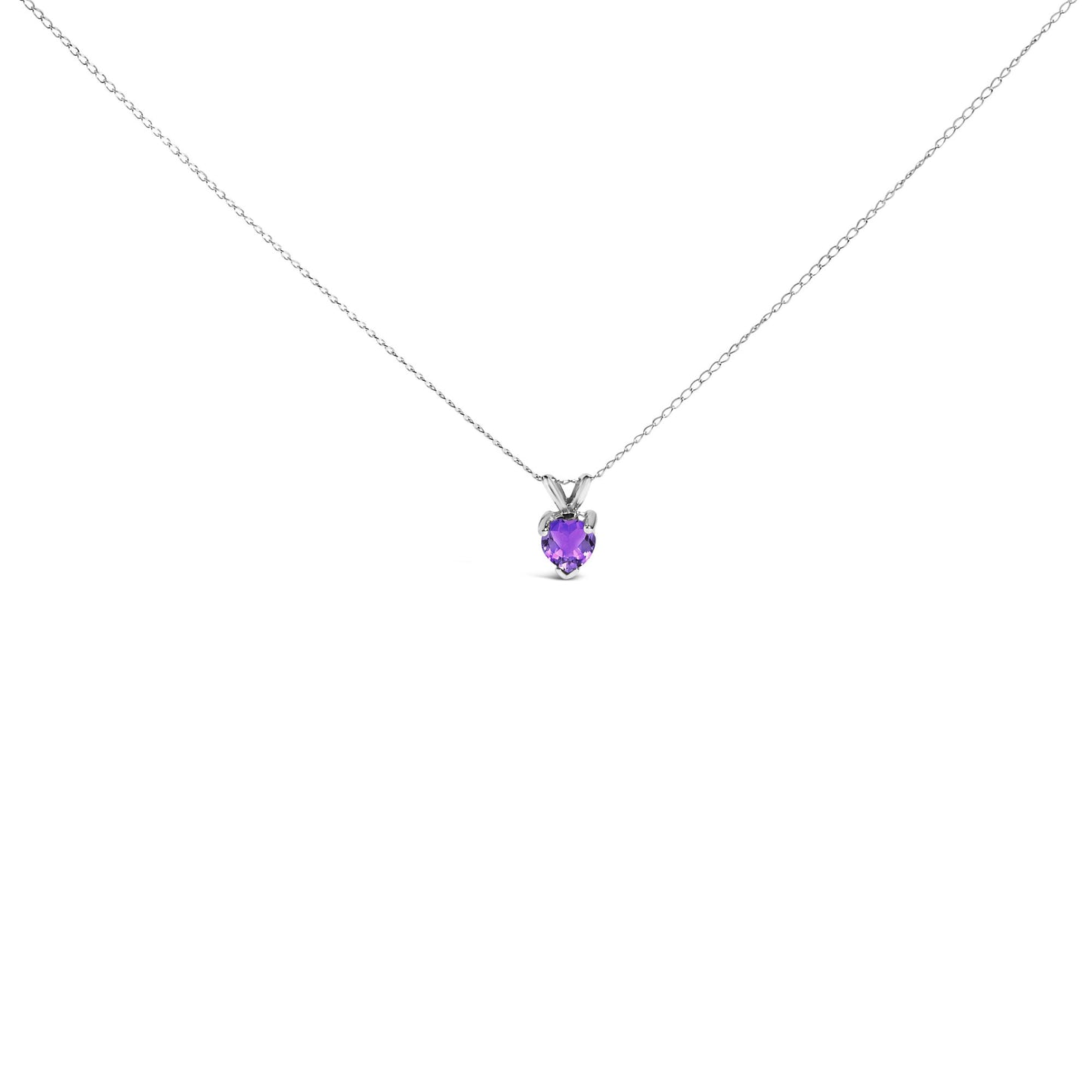Front view of a white necklace with a heart-shaped purple gemstone pendant in a three-prong setting.