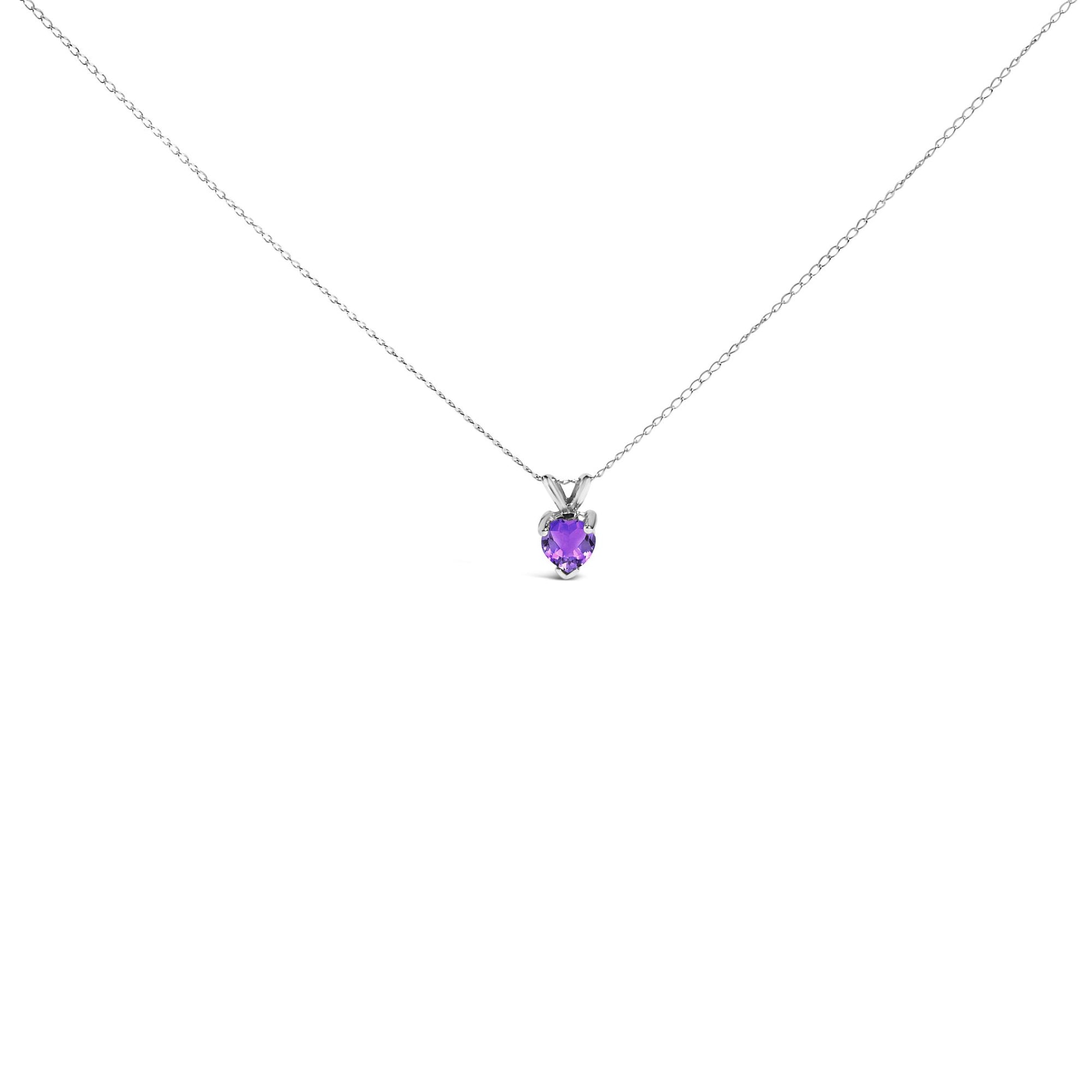 Front view of a white necklace with a heart-shaped purple gemstone pendant in a three-prong setting.