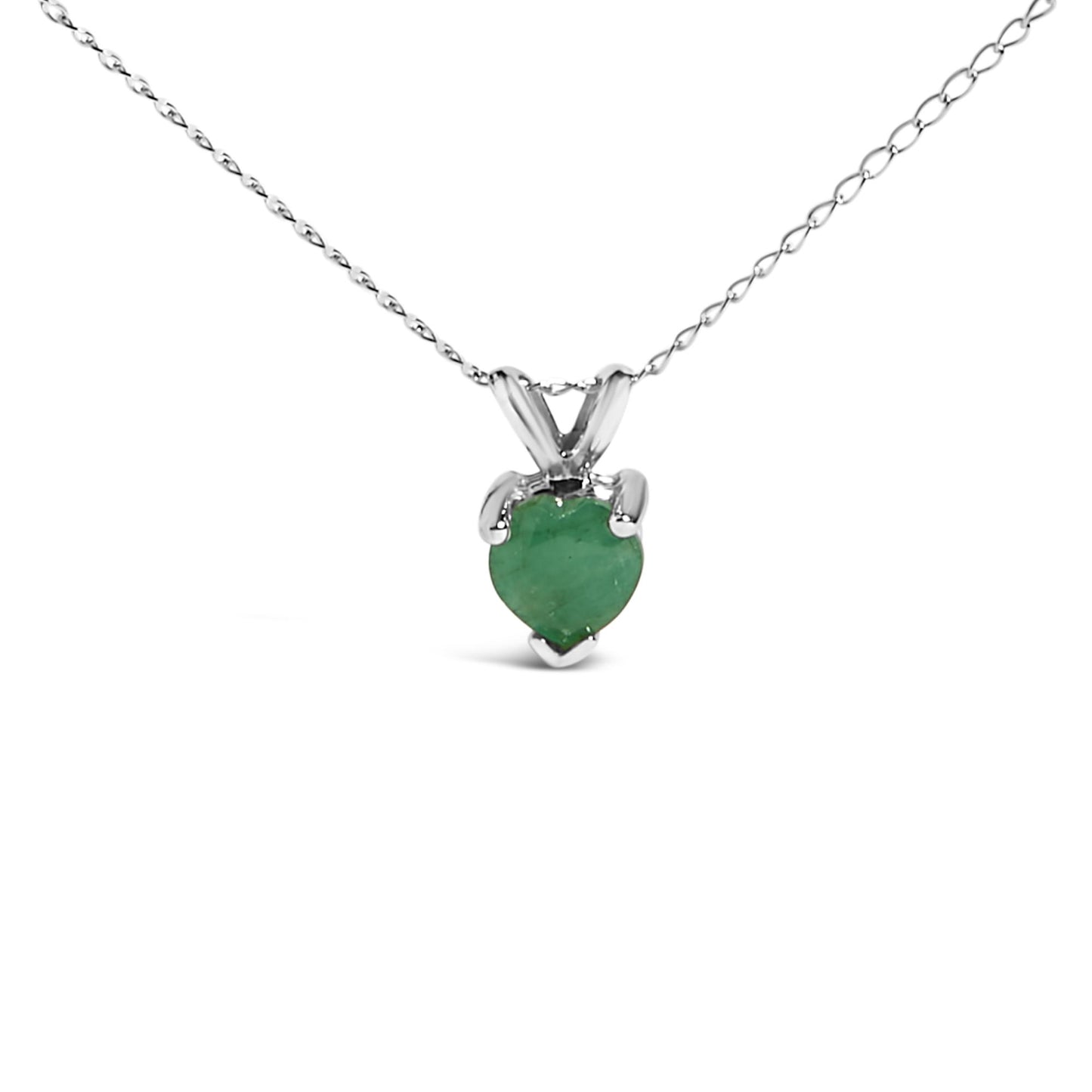Front view of a white necklace with a heart-shaped green gemstone pendant in a three-prong setting on a chain.