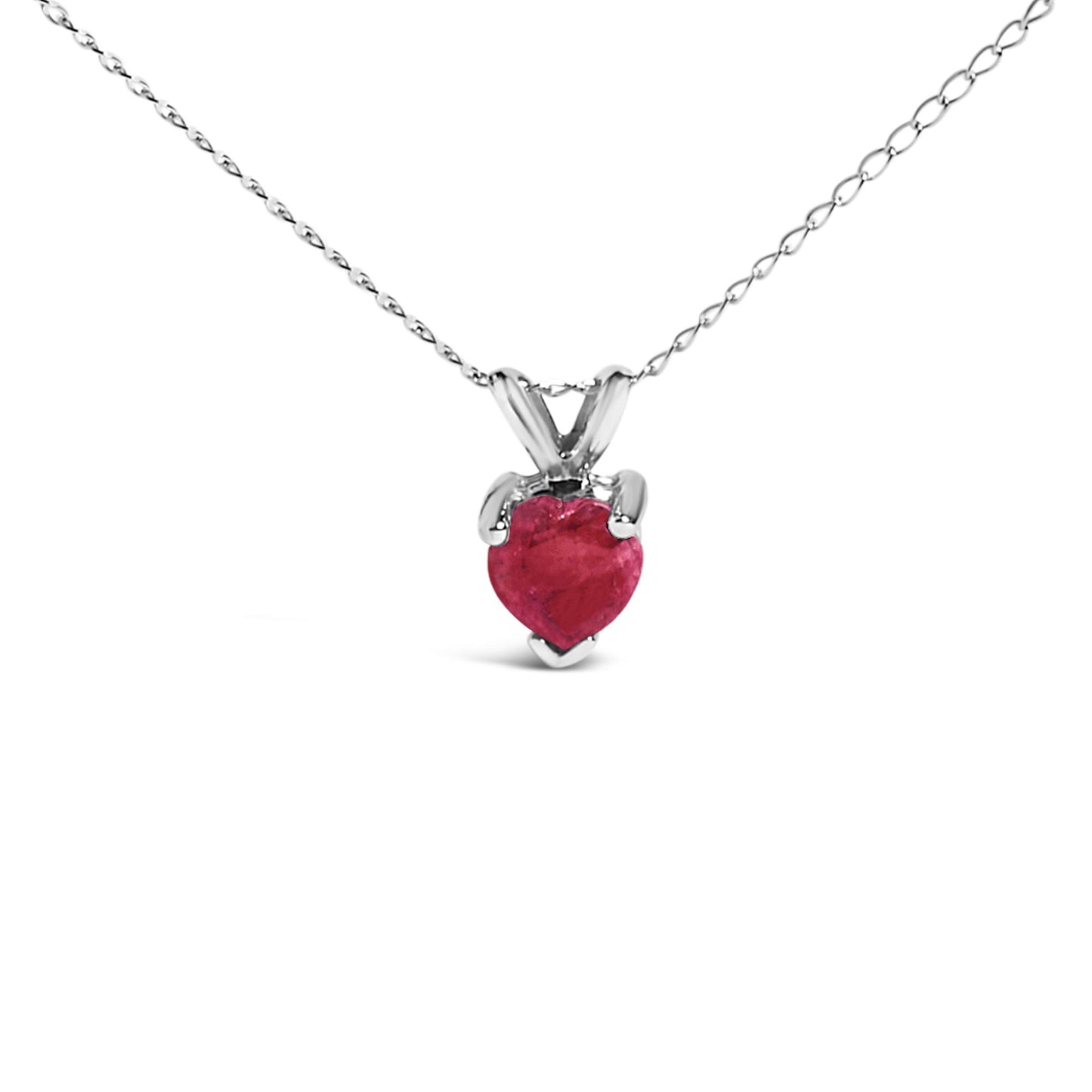 Front-facing close-up of a white metal necklace with a heart-shaped red gemstone pendant in a three-prong setting.