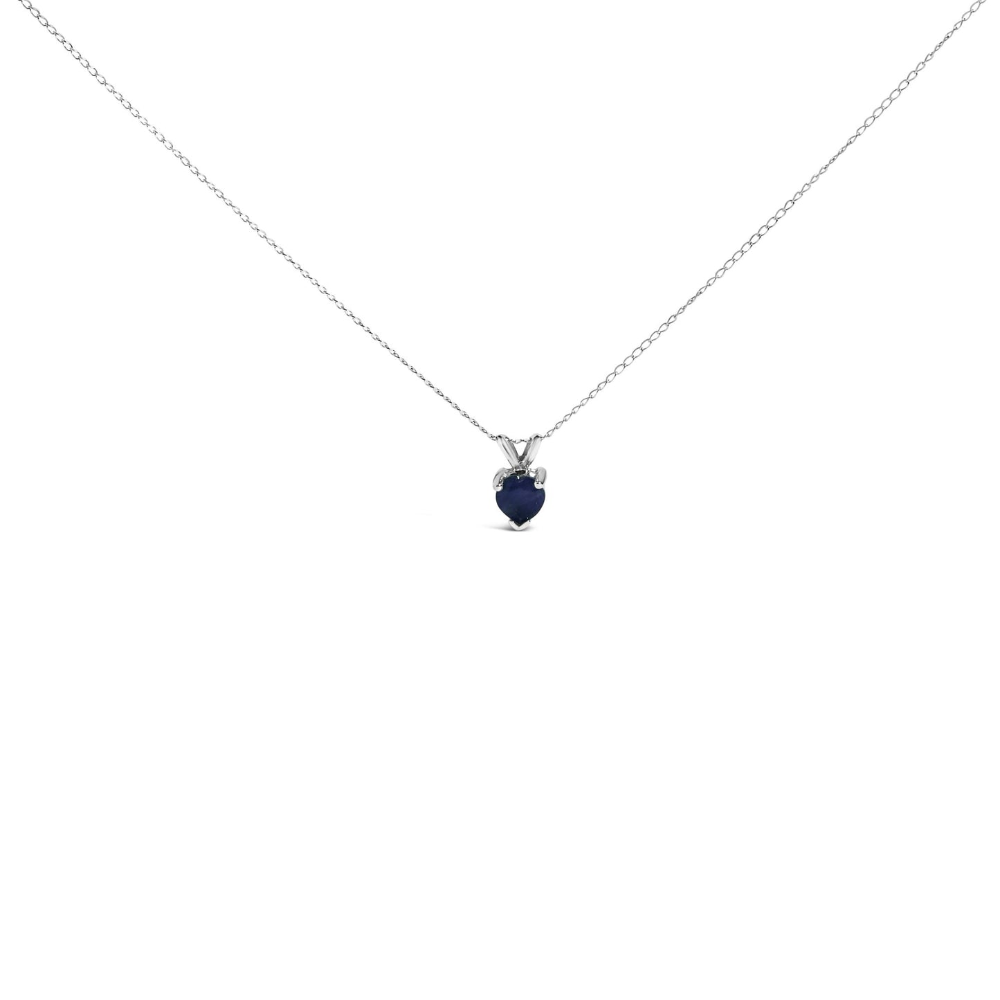White necklace with a heart-shaped blue gemstone pendant in 3-prong setting, shown from the front on a white background.