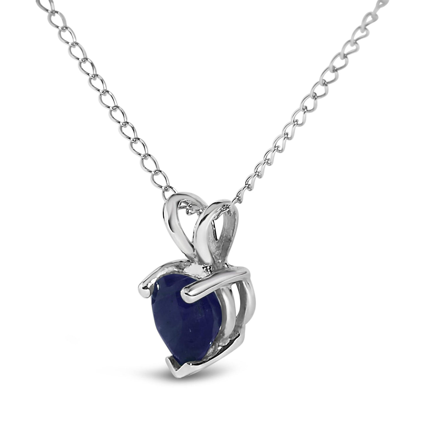 Close-up front angle of a white metal necklace featuring a heart-shaped blue gemstone pendant held by a three-prong setting.