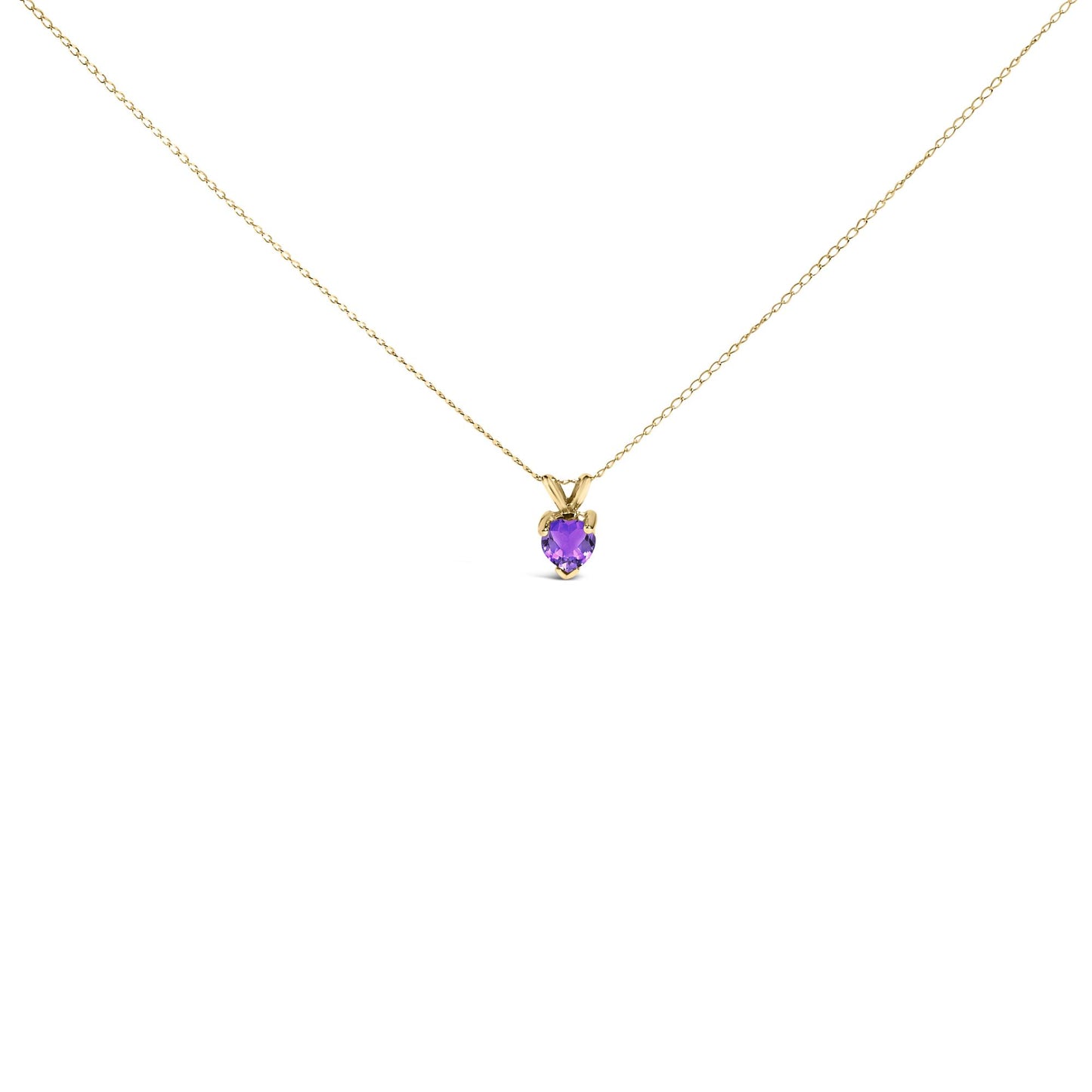 Yellow metal necklace with a heart-shaped purple gemstone pendant in a three-prong setting, shown from the front on a white background.