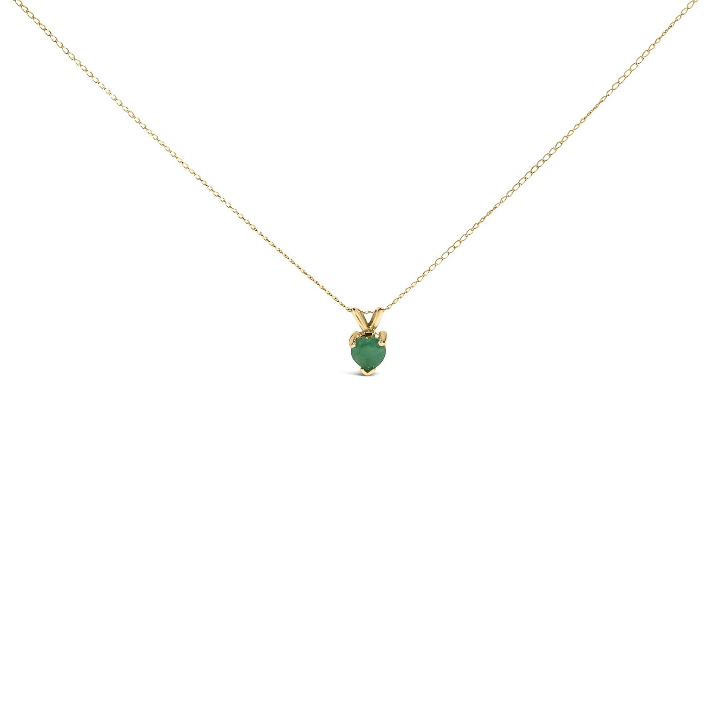 Yellow metal necklace with a heart-shaped green gemstone in a three-prong setting, shown in a front view on a white background.