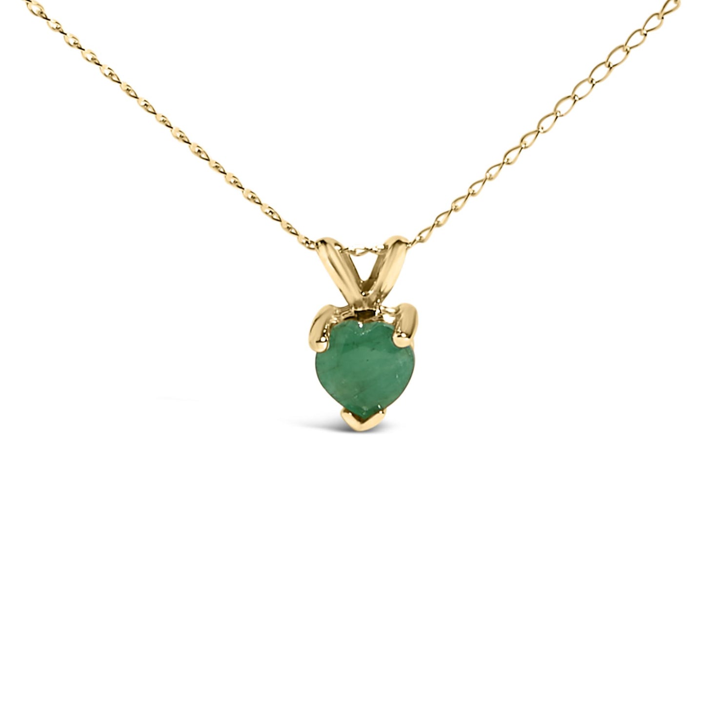 Close-up front view of a yellow metal necklace with a heart-shaped green gemstone pendant in a three-prong setting on a white background.