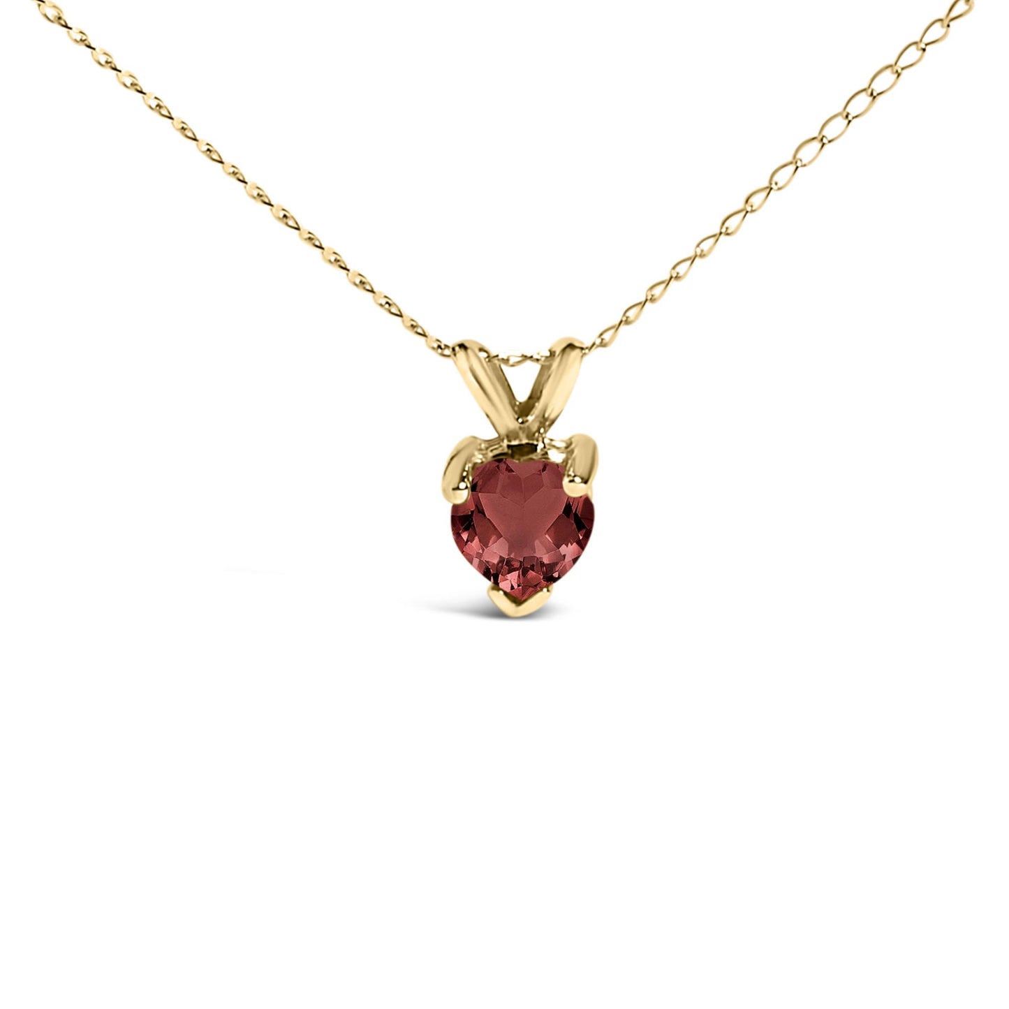 Close-up front view of a yellow necklace with a heart-shaped red gemstone pendant in a three-prong setting.