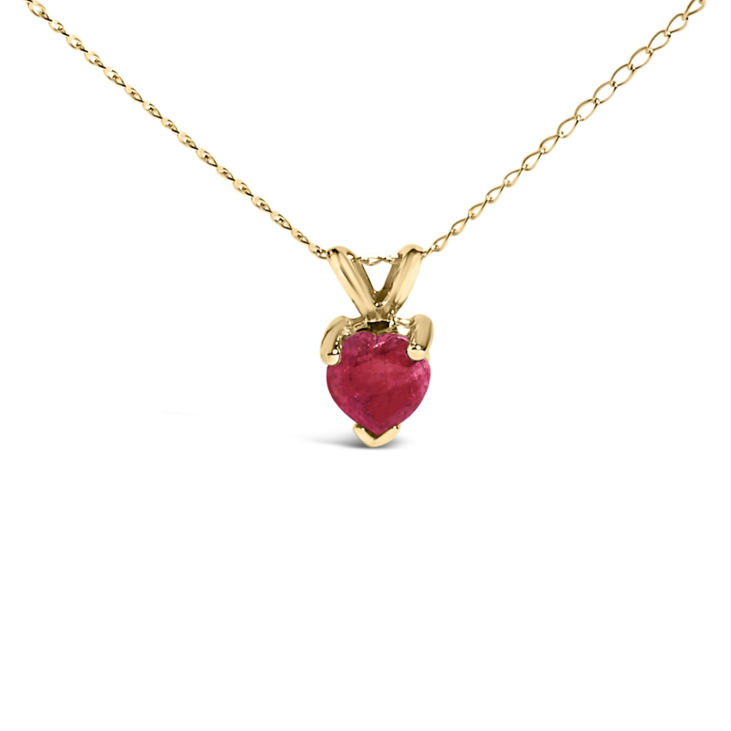 Close-up front view of a yellow metal necklace featuring a heart-shaped red gemstone pendant held by three prongs.
