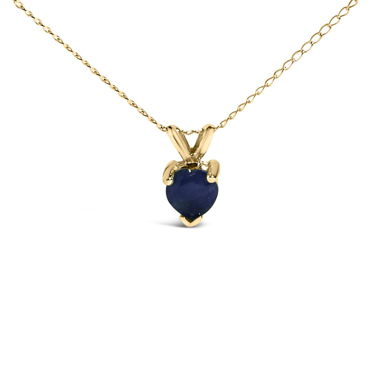 Close-up front view of a yellow metal necklace with a heart-shaped blue gemstone pendant in a three-prong setting.