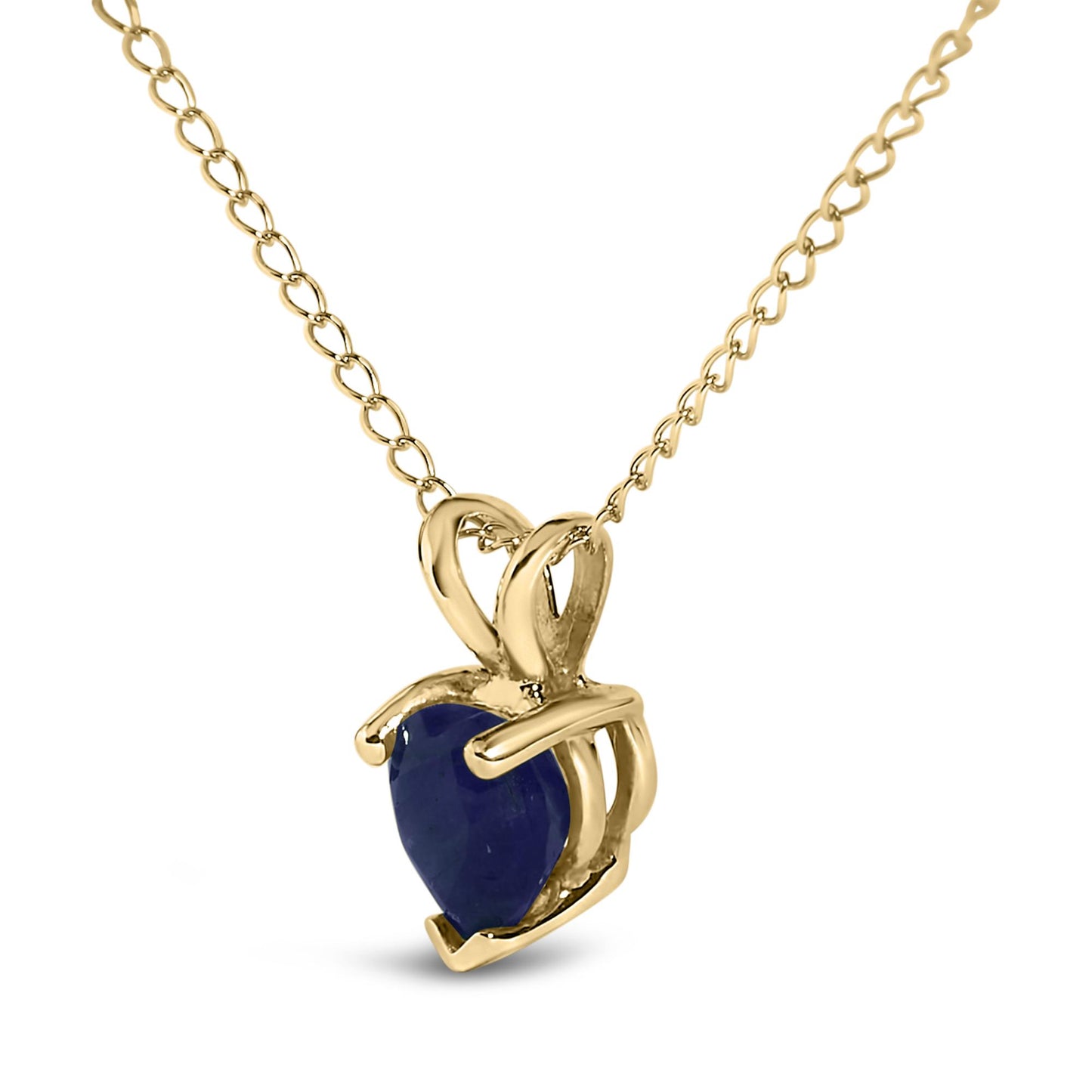 Close-up front angle of a yellow metal necklace with a heart-shaped blue gemstone pendant held by a three-prong setting.