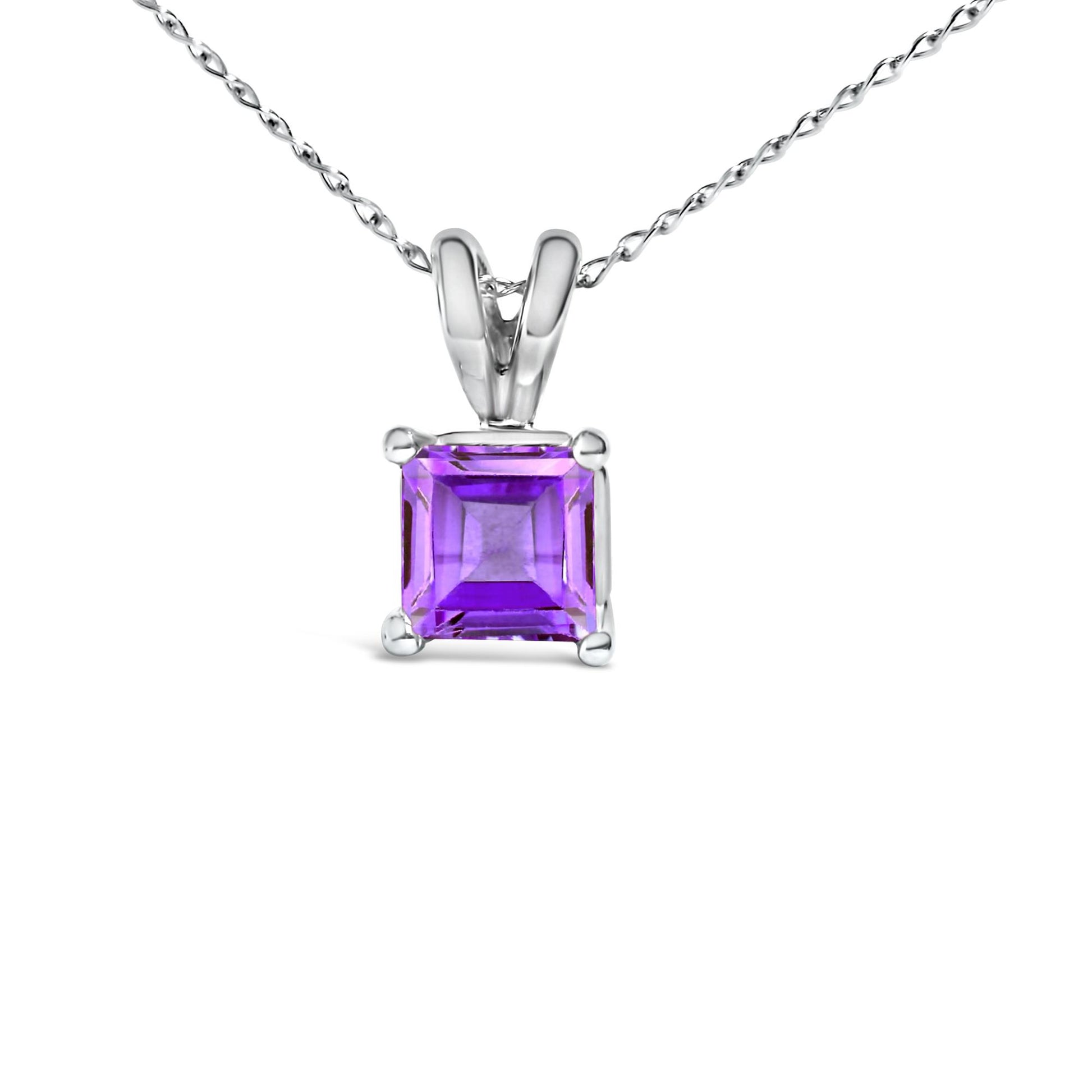 Front-facing close-up of a white necklace featuring a square purple gemstone pendant held by a four-prong setting.