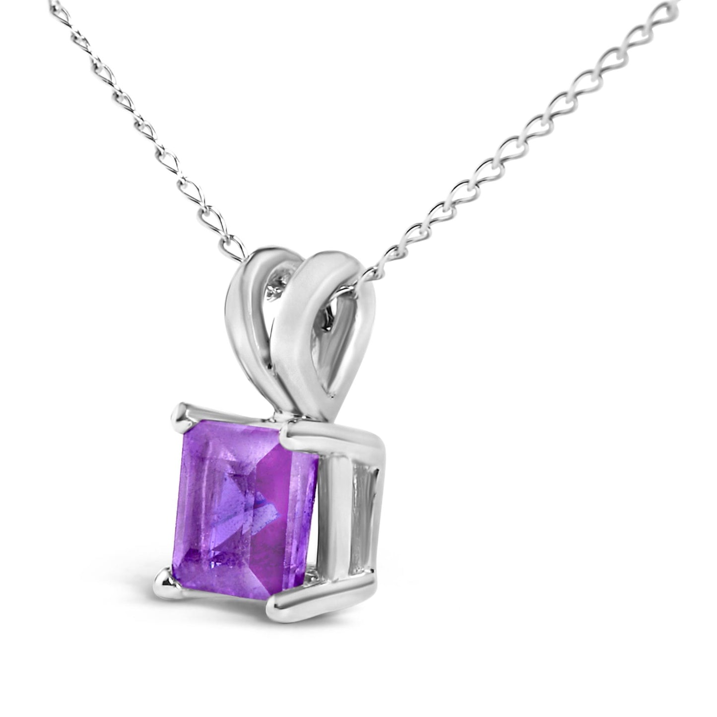 Close-up front angle of a white necklace with a square-shaped purple gemstone pendant in a four-prong setting.