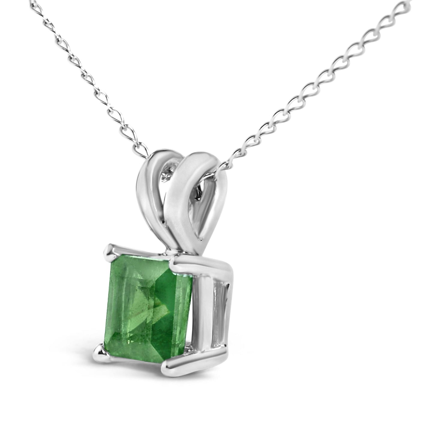 Close-up front angle of a white metal necklace featuring a pendant with a square green gemstone set in four prongs and a looped bail design.