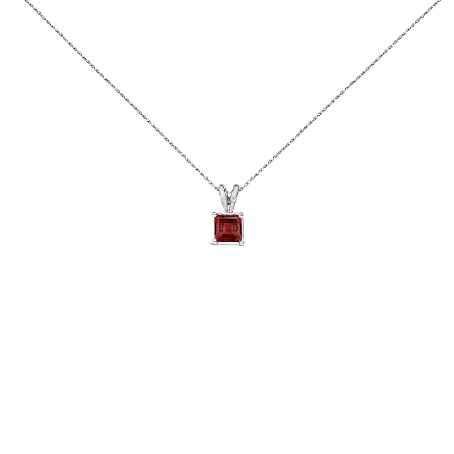 Front-facing shot of a white necklace featuring a single princess-cut red gemstone in a four-prong setting.