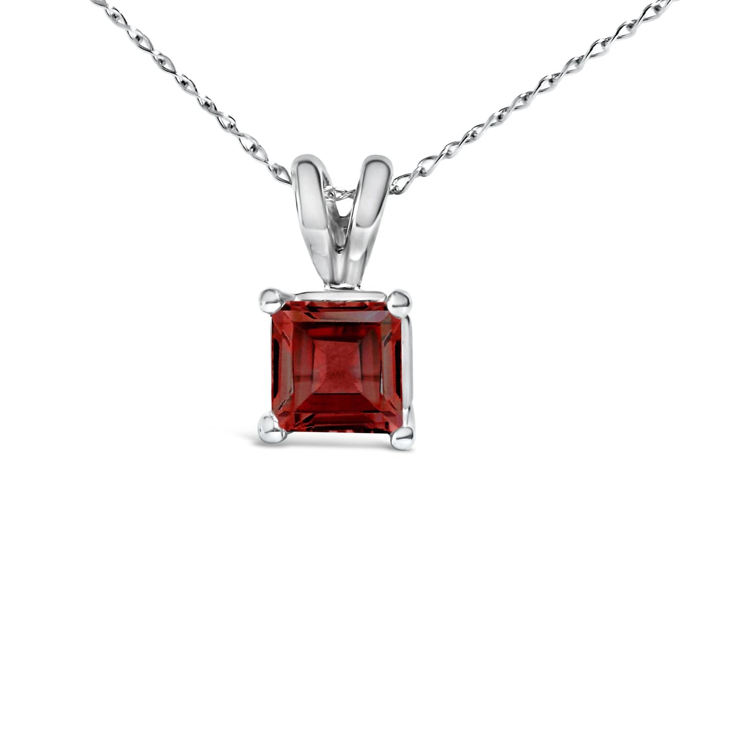 Close-up front angle of a white necklace with a square red gemstone in a four-prong setting.