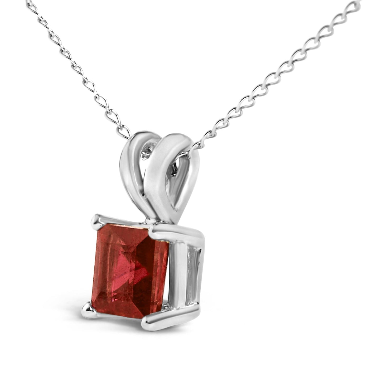 Close-up front angle of a white necklace featuring a princess-shaped red gemstone set in a four-prong setting.