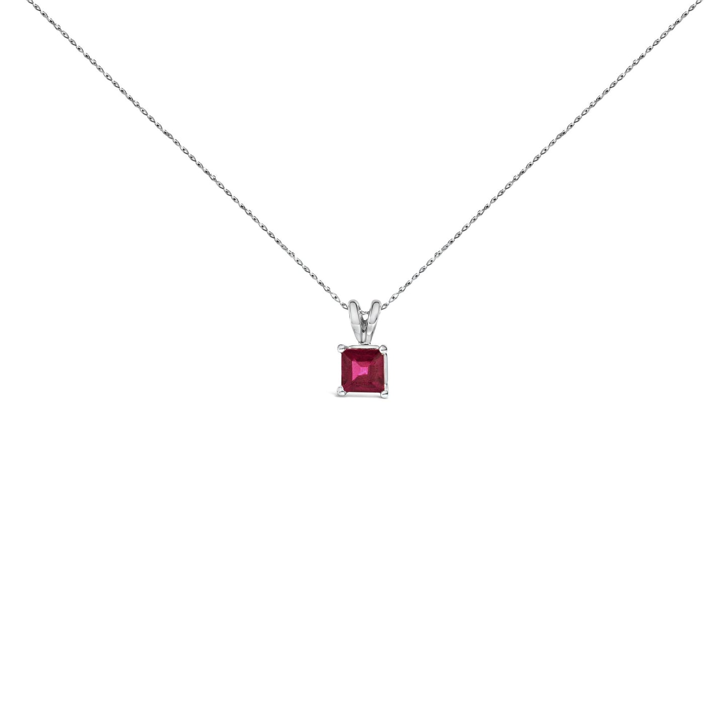 Front view of a white necklace with a square-shaped red gemstone pendant in a four-prong setting on a white background.
