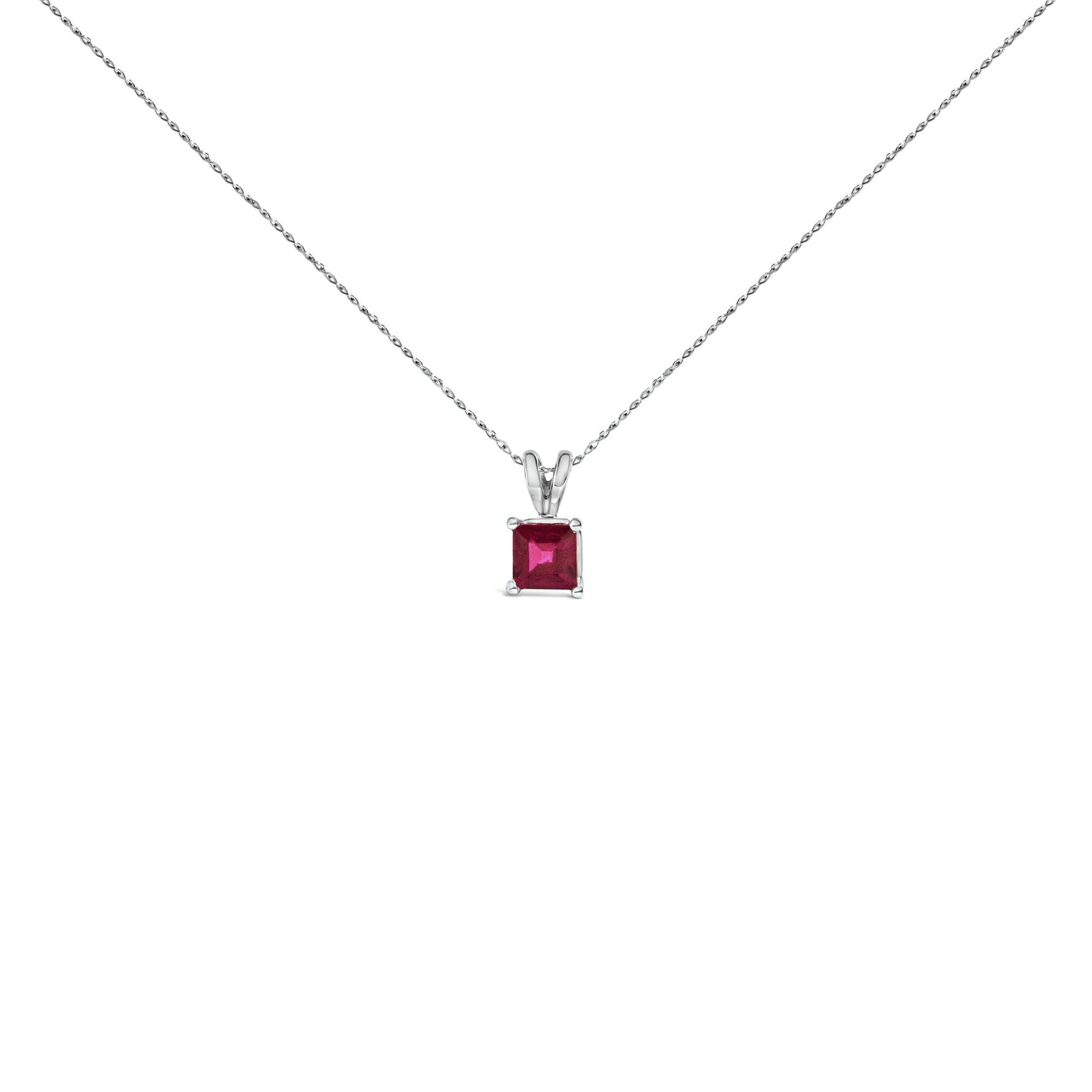 Front view of a white necklace with a square-shaped red gemstone pendant in a four-prong setting on a white background.