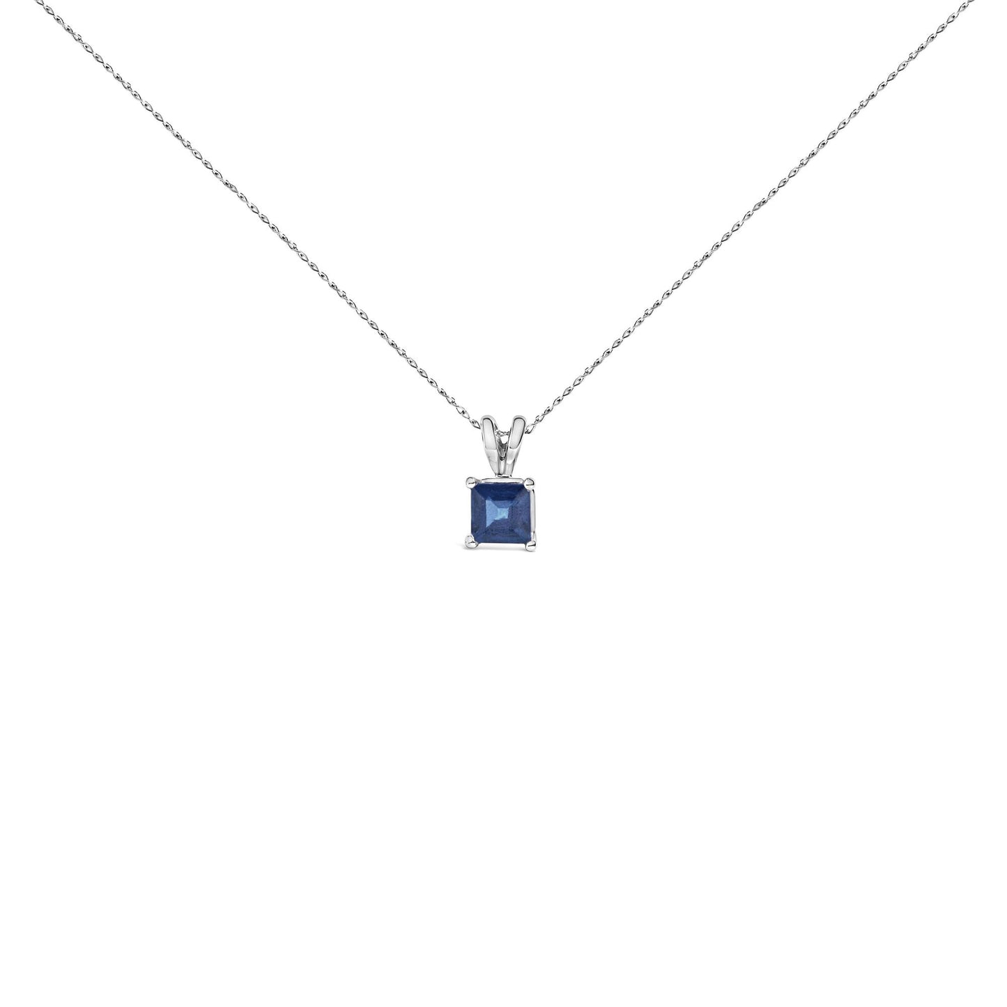 Front view of a white necklace with a single square-shaped blue gemstone pendant in a four-prong setting.