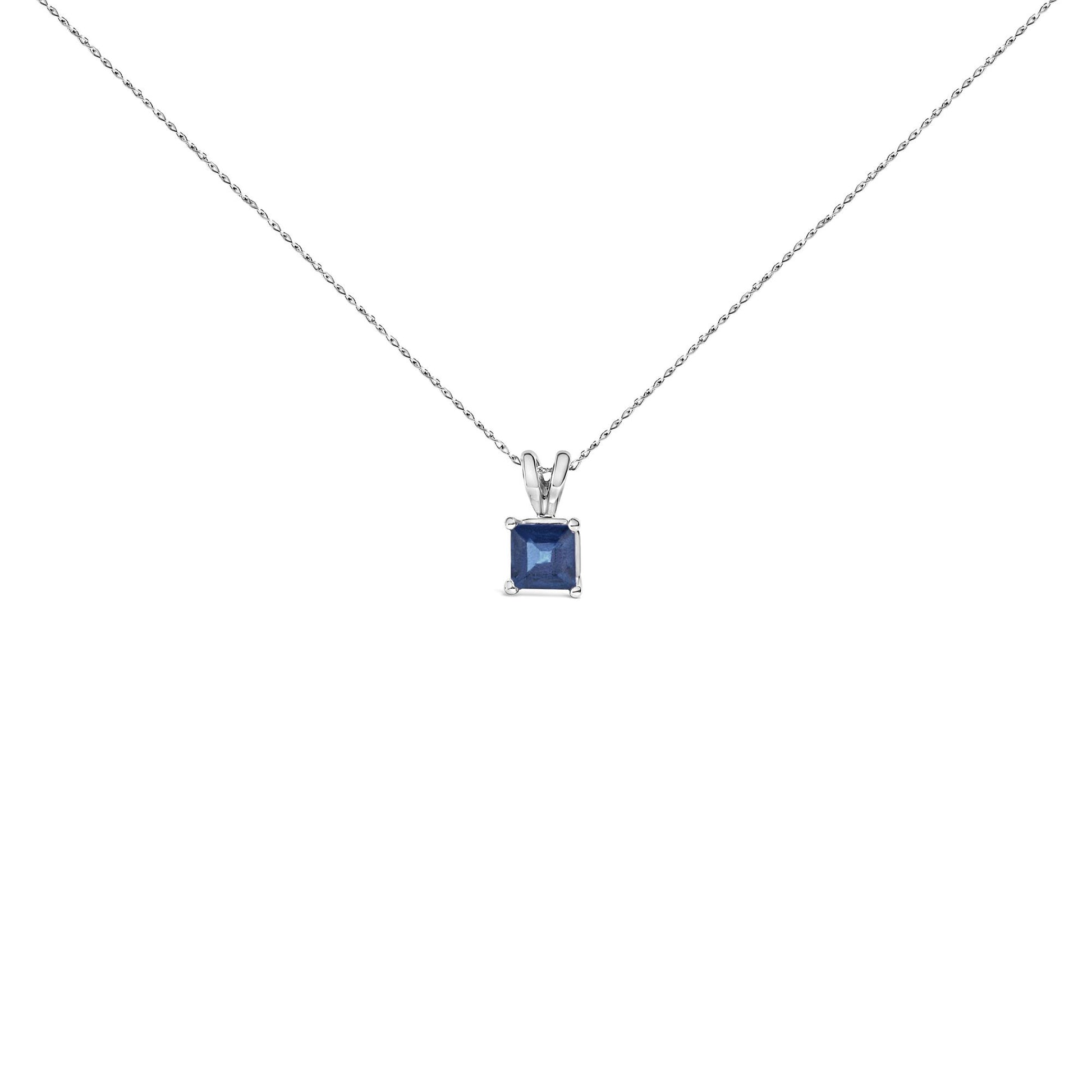Front view of a white necklace with a single square-shaped blue gemstone pendant in a four-prong setting.